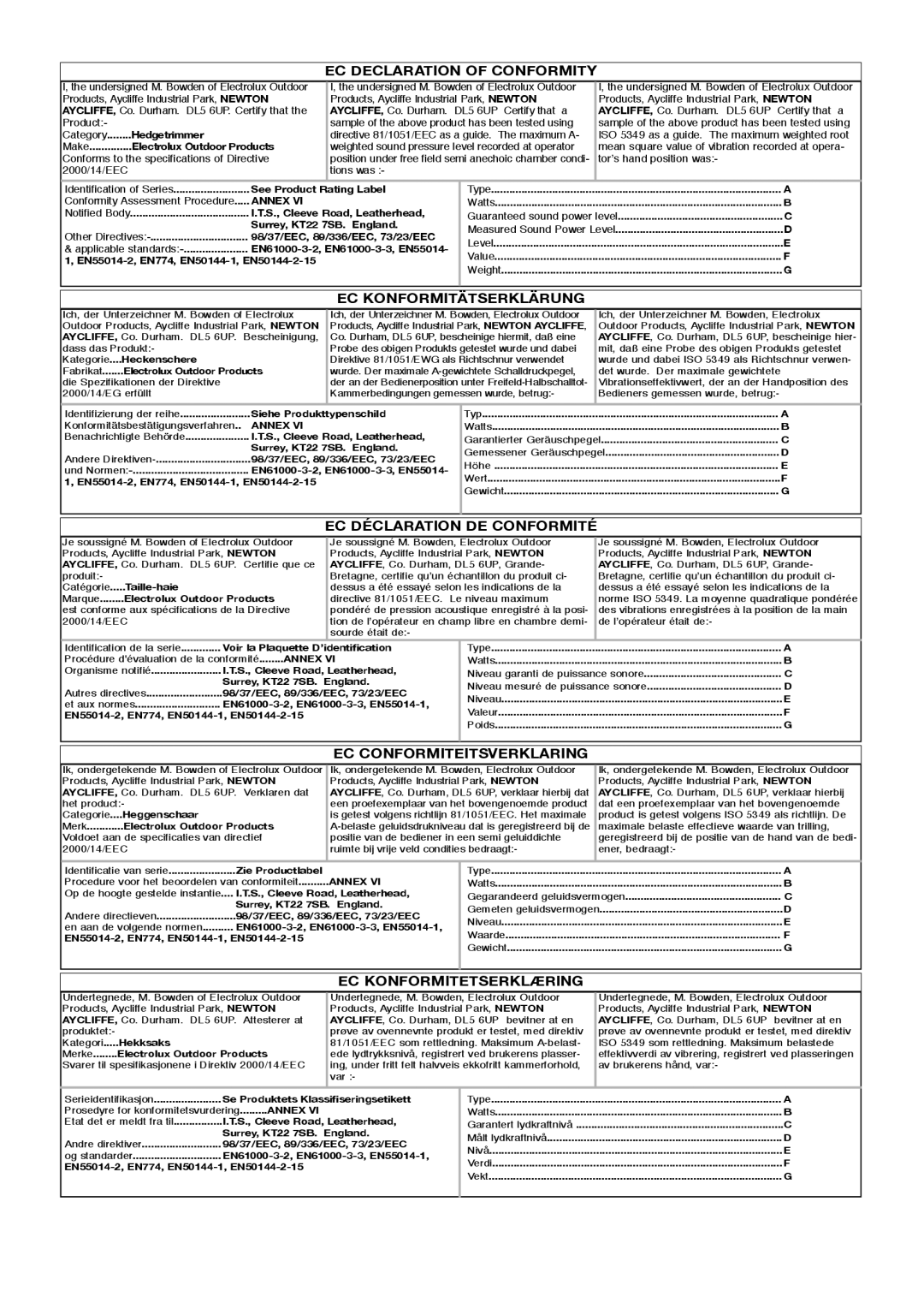 Flymo HT42/420, HT51/510, HT60/600 EC Declaration of Conformity, EC Konformitätserklärung, EC Déclaration DE Conformité 