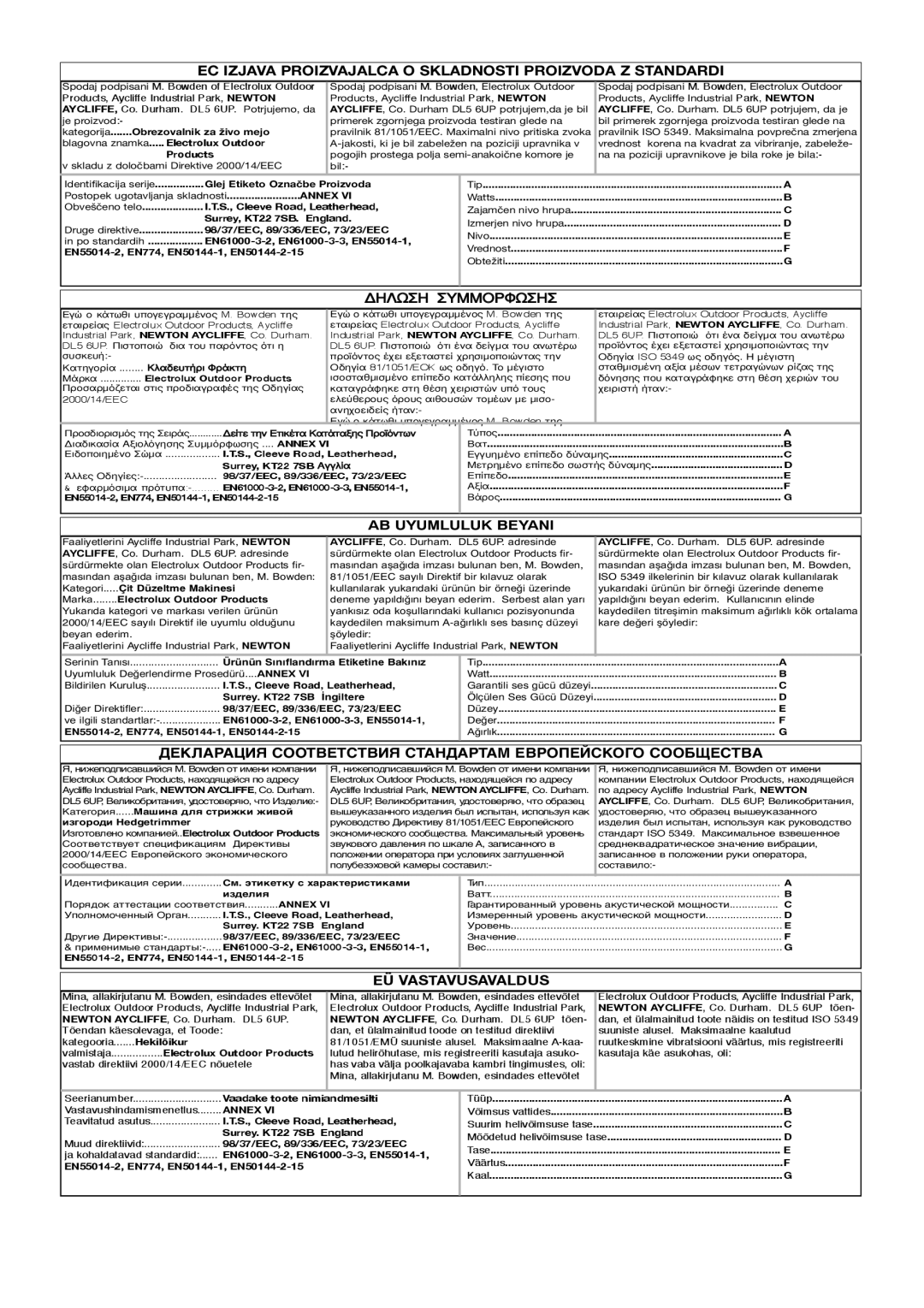 Flymo HT51/510 manual EC Izjava Proizvajalca O Skladnosti Proizvoda Z Standardi, AB Uyumluluk Beyani, EÜ Vastavusavaldus 