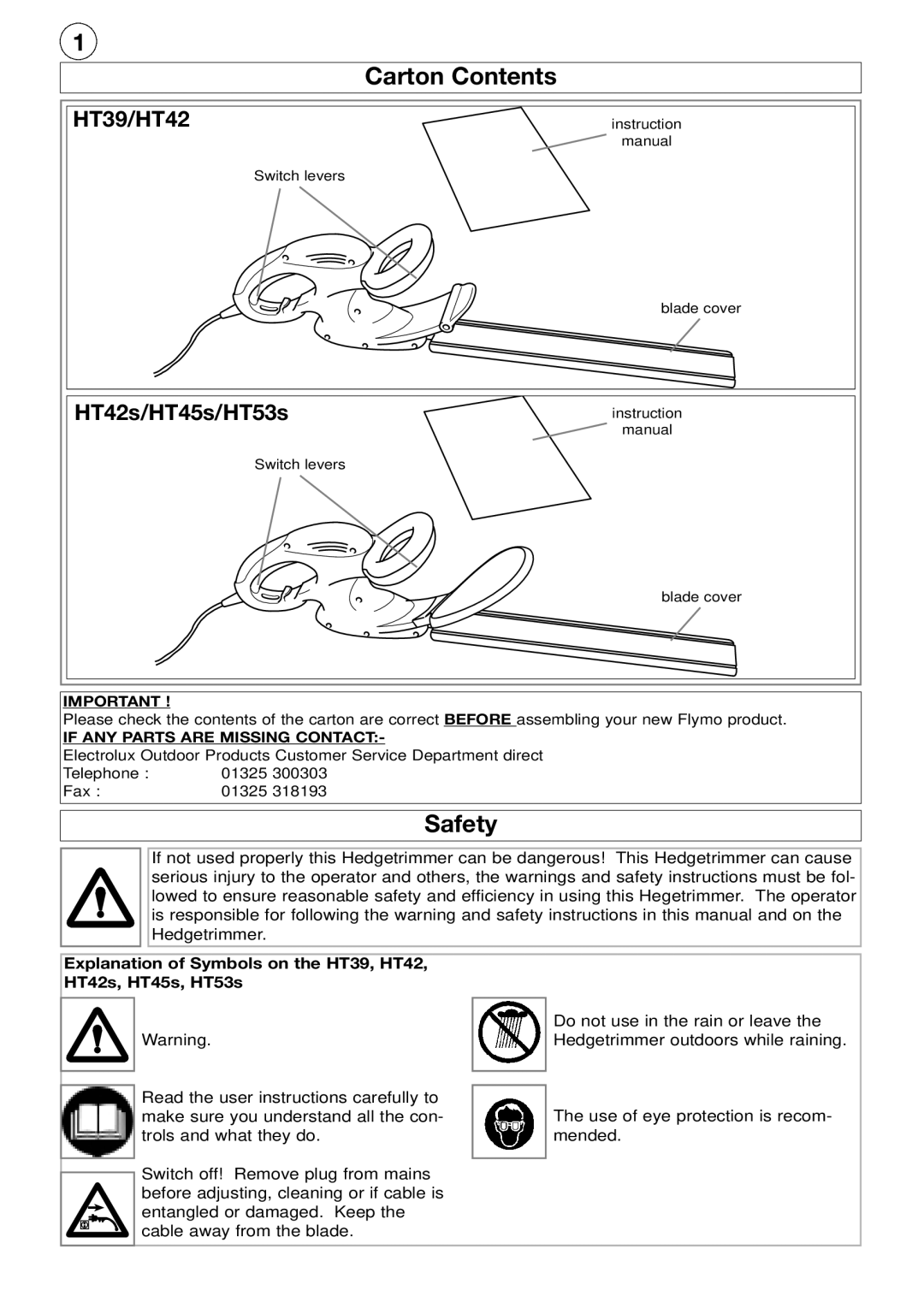 Flymo HT42s, HT53s, HT45s, HT39 manual Carton Contents, Safety 