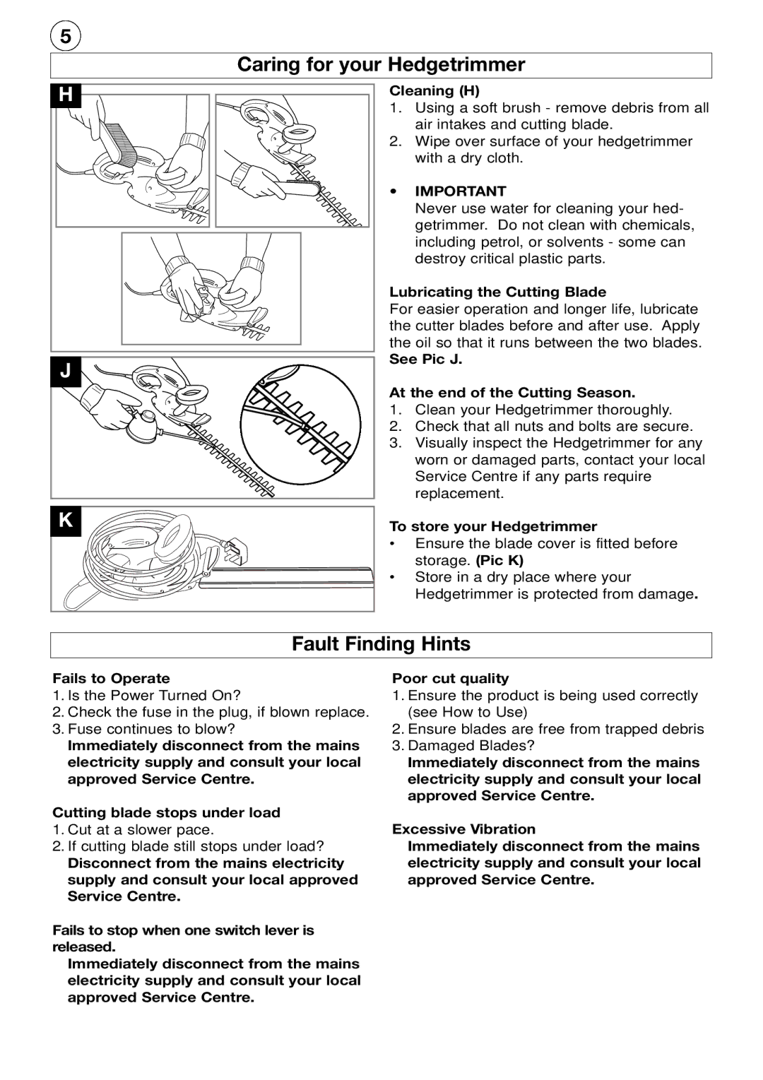 Flymo HT42s, HT53s, HT45s, HT39 manual Caring for your Hedgetrimmer, Fault Finding Hints 
