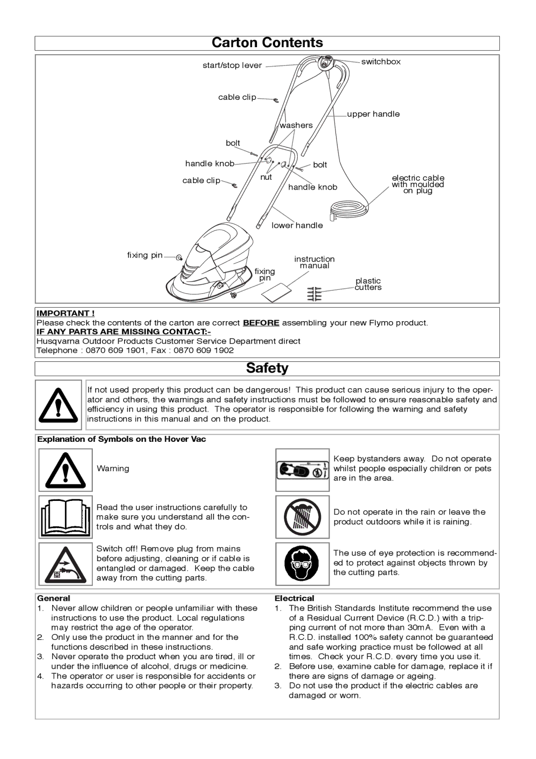 Flymo HV280, 511969202 manual Carton Contents, Safety 