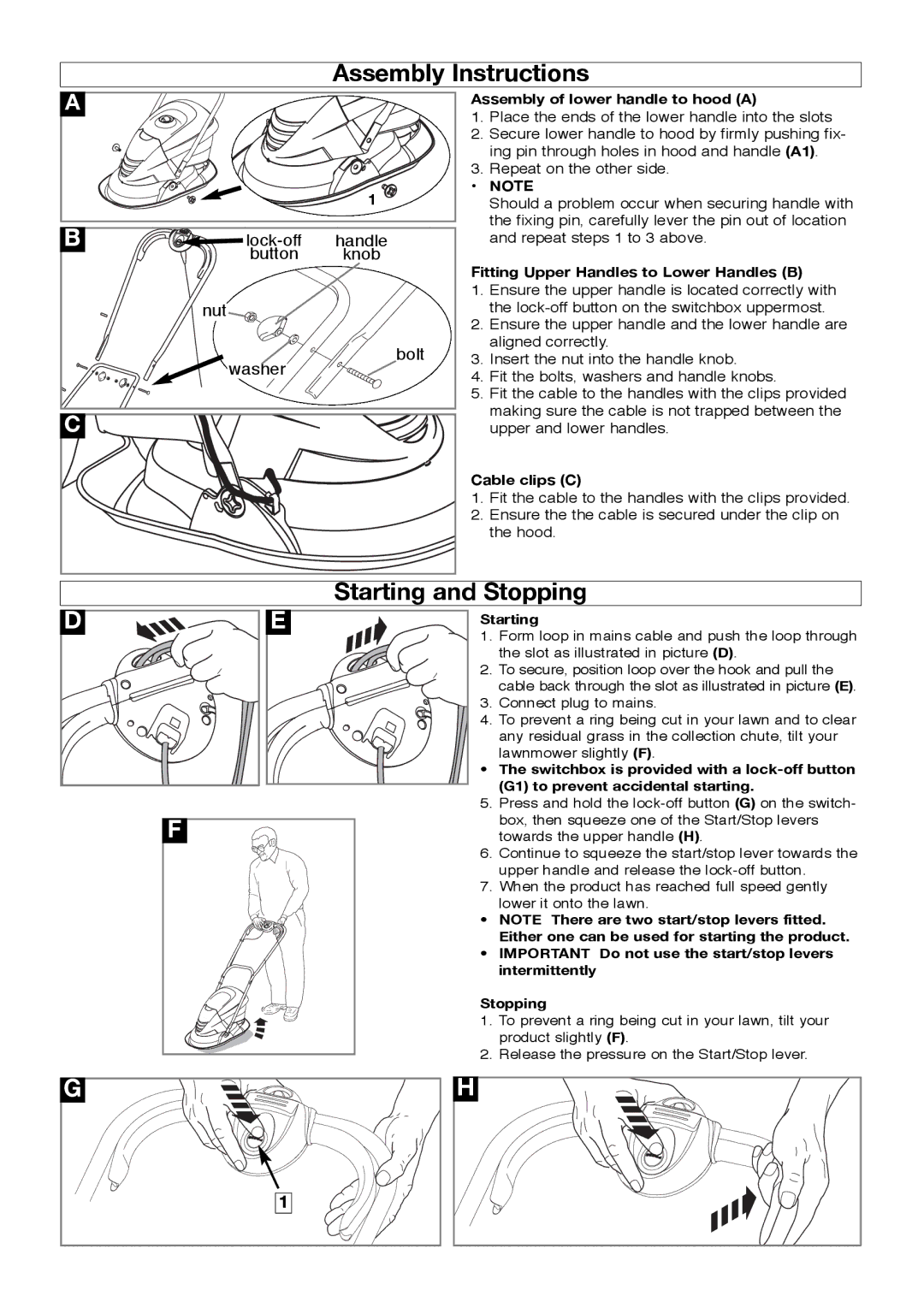 Flymo HV280, 511969202 Assembly Instructions, Starting and Stopping, Assembly of lower handle to hood a, Cable clips C 