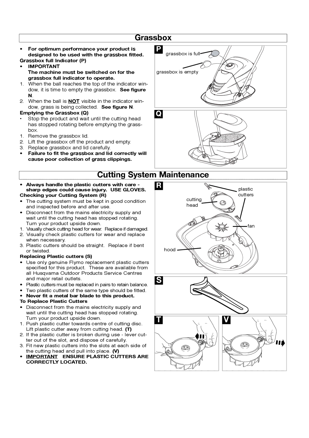 Flymo HV280, 511969202 manual Cutting System Maintenance, Grassbox full Indicator P Machine must be switched on for 