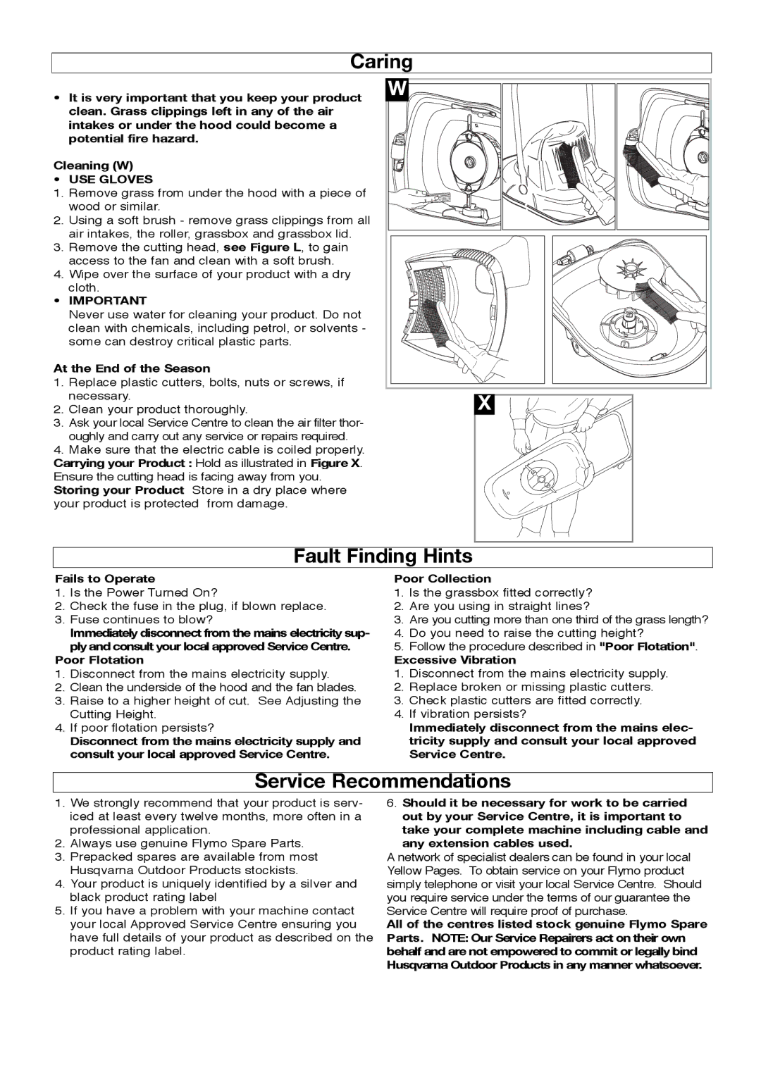 Flymo 511969202, HV280 manual Caring, Fault Finding Hints, Service Recommendations, USE Gloves 