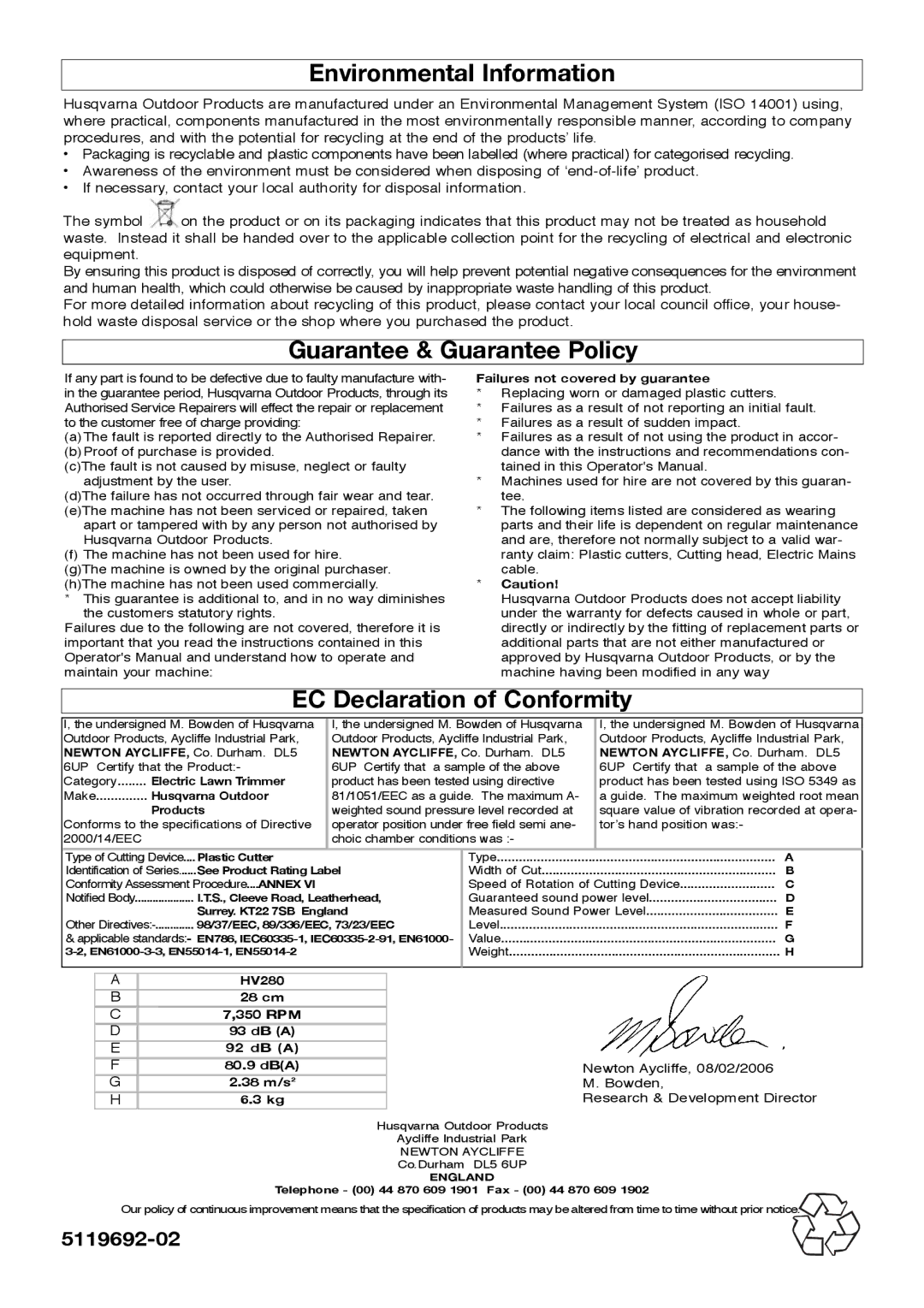 Flymo HV280, 511969202 manual Environmental Information, Guarantee & Guarantee Policy, EC Declaration of Conformity 