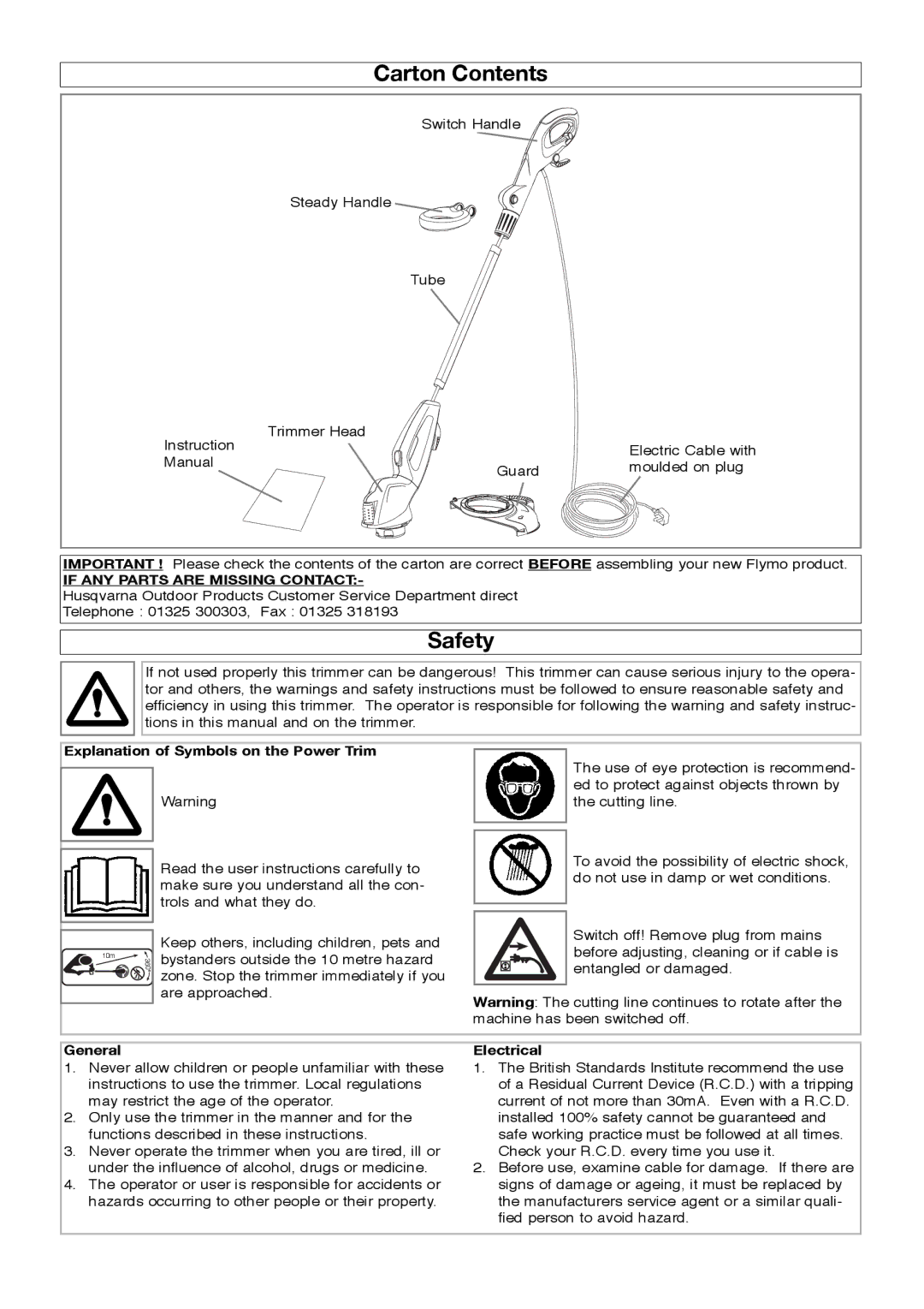 Flymo Lawn Trimmer manual Carton Contents, Safety 