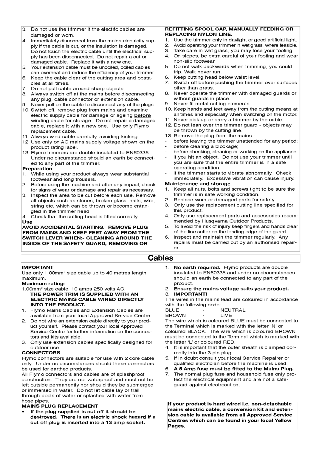 Flymo Lawn Trimmer manual Cables, Connectors, Mains Plug Replacement 