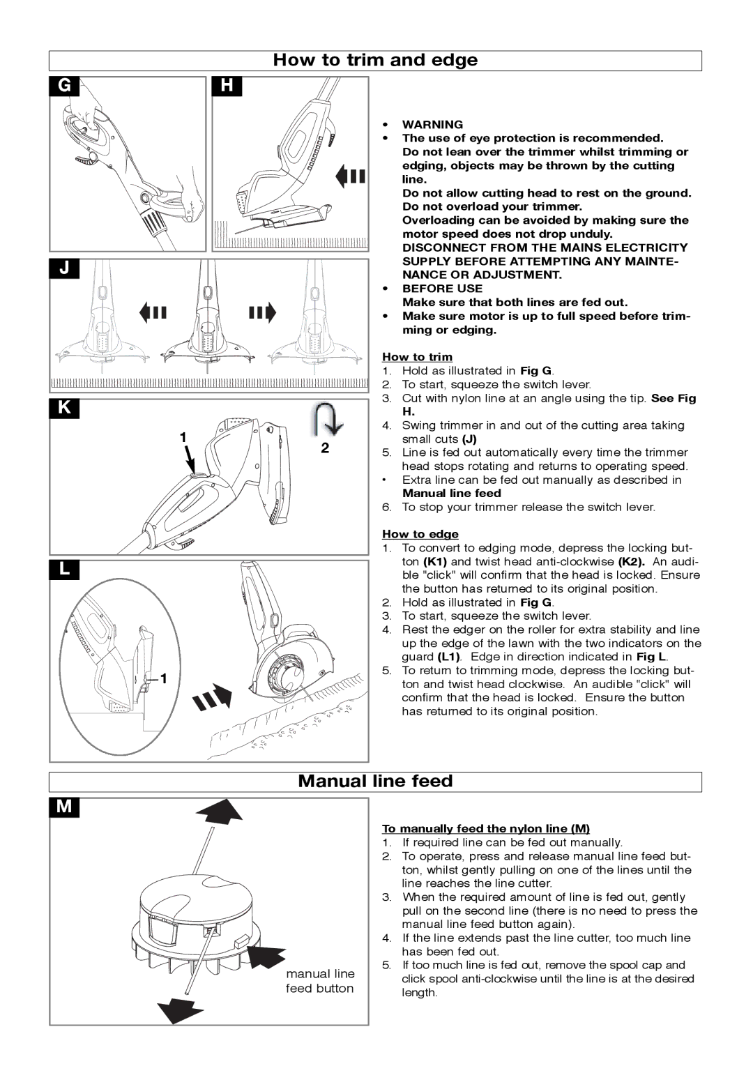 Flymo Lawn Trimmer How to trim and edge, Manual line feed, How to edge, To manually feed the nylon line M 