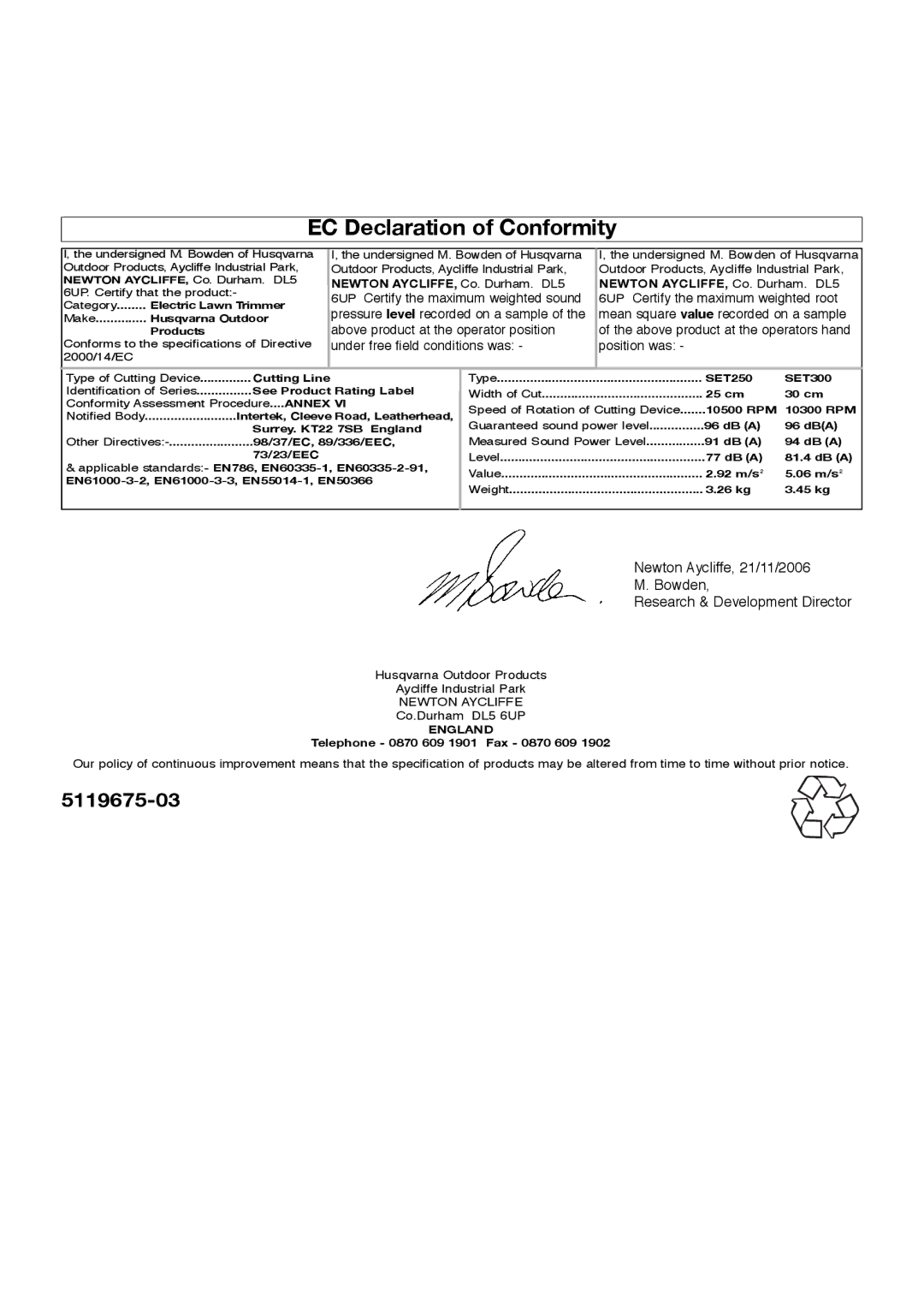 Flymo Lawn Trimmer manual EC Declaration of Conformity, England 