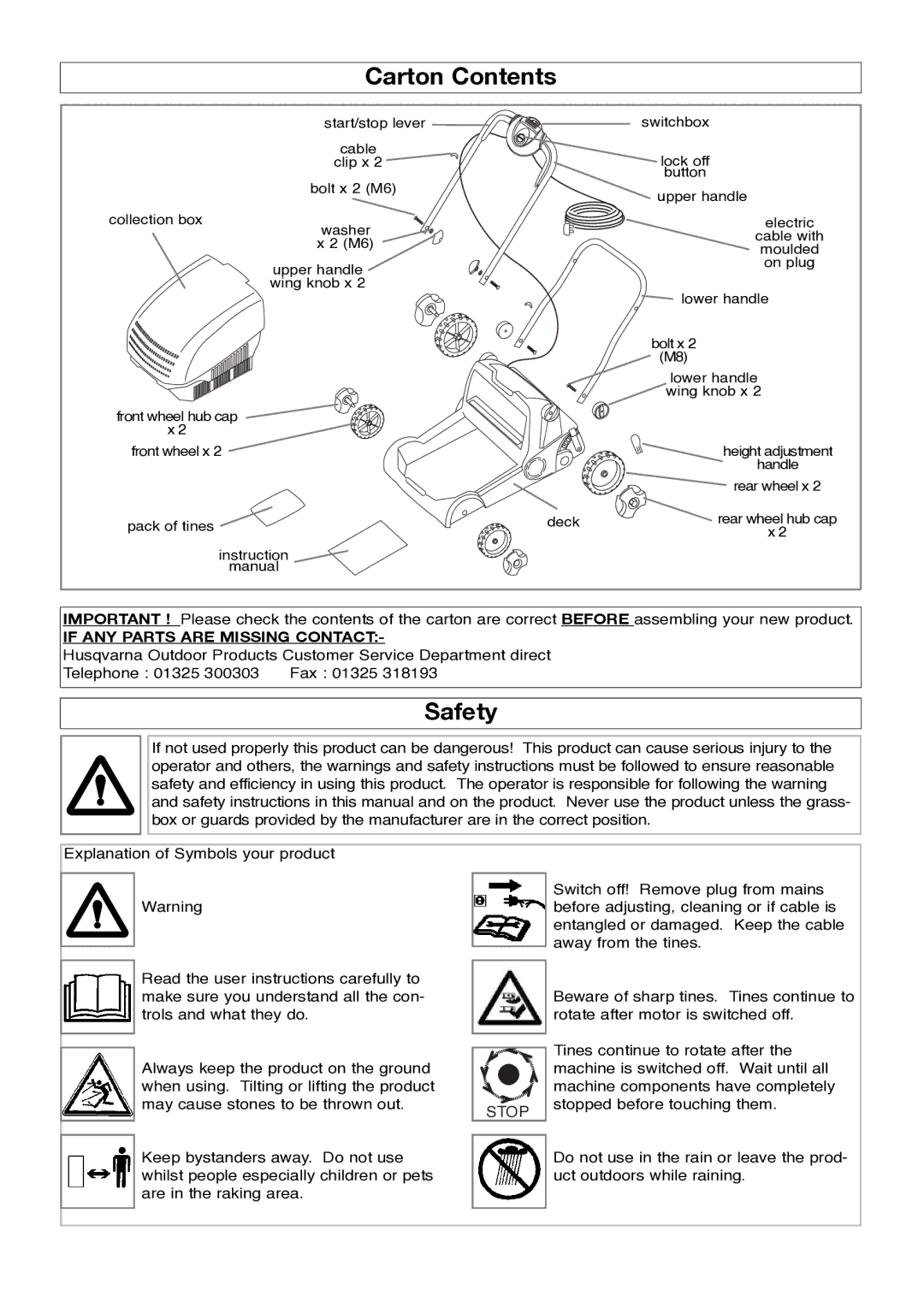 Flymo lawnrake manual Carton Contents, Safety 