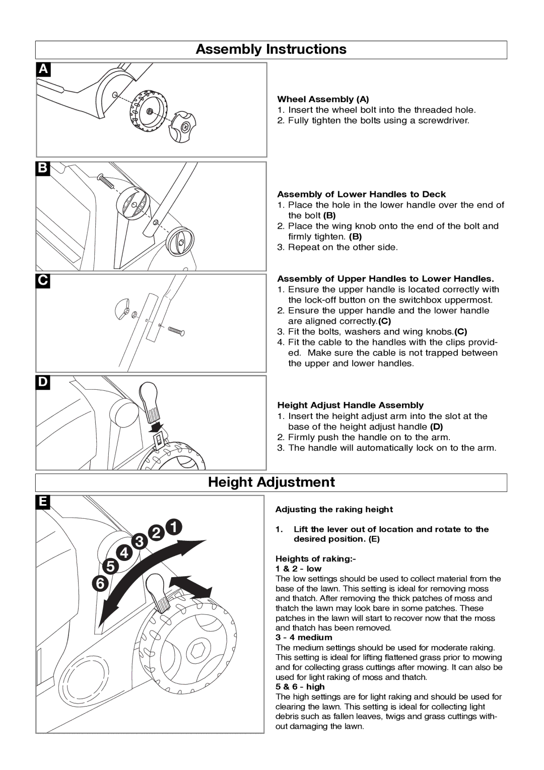 Flymo lawnrake manual Assembly Instructions, Height Adjustment 