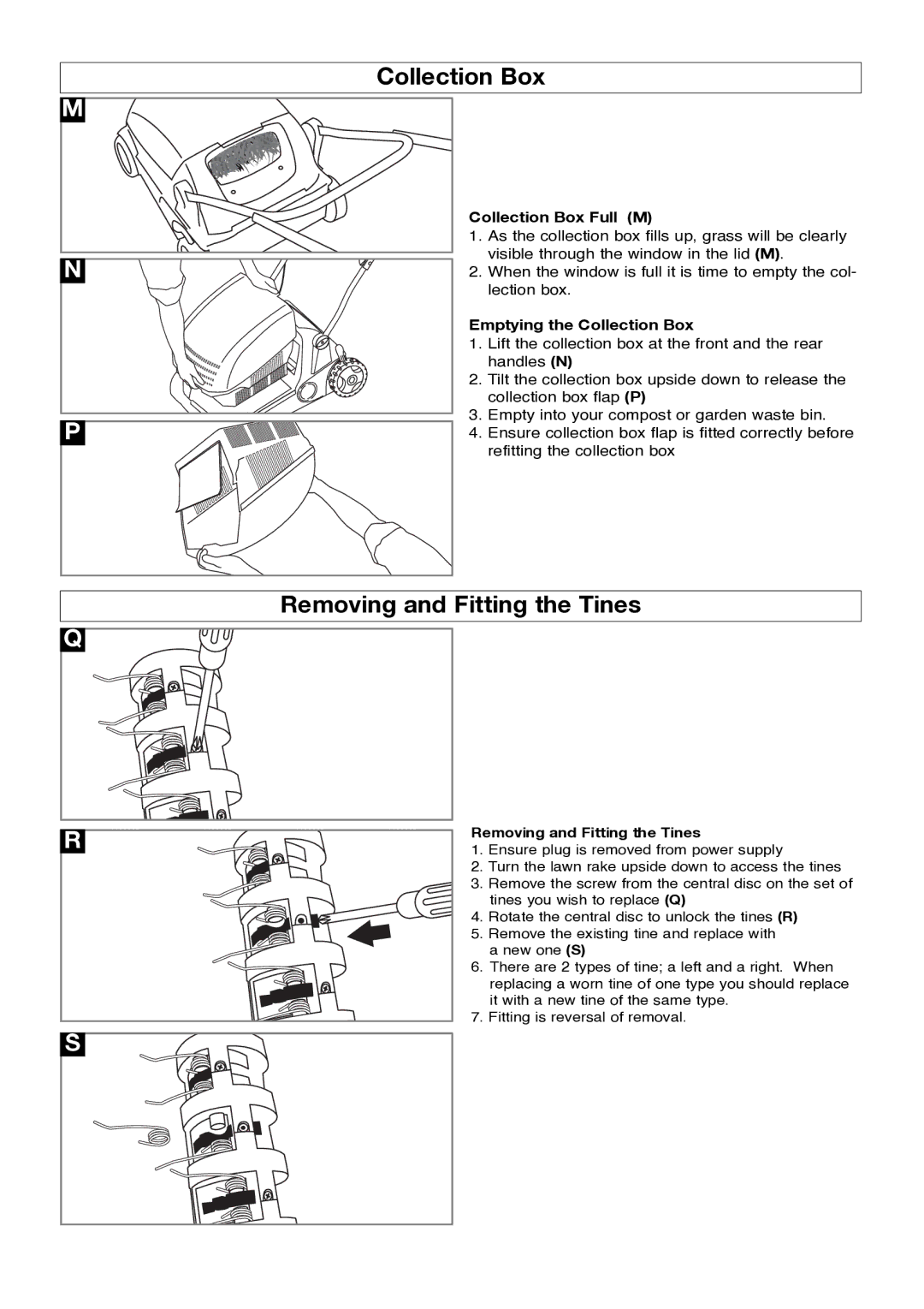 Flymo lawnrake manual Removing and Fitting the Tines, Collection Box Full M, Emptying the Collection Box 