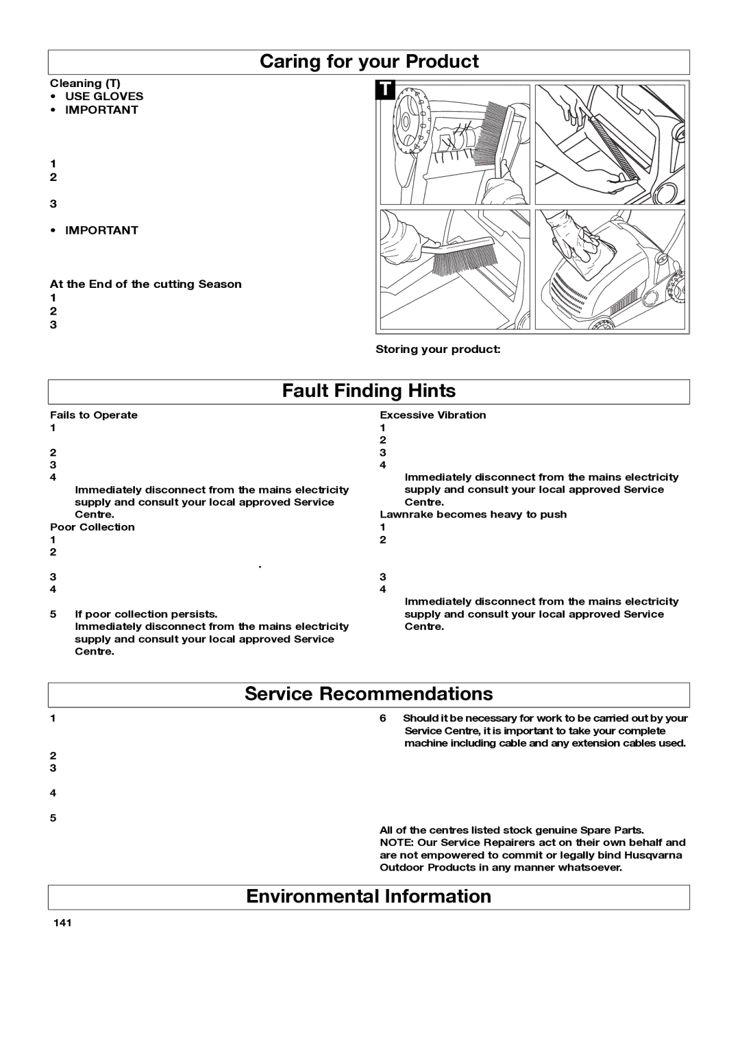 Flymo lawnrake manual Caring for your Product, Fault Finding Hints, Service Recommendations, Environmental Information 