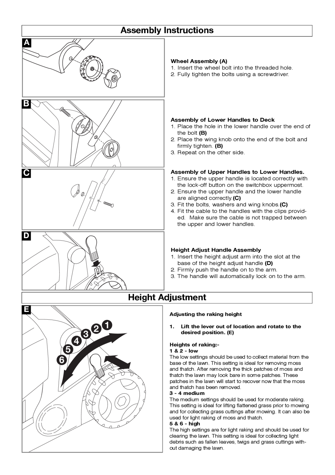Flymo lawnrake manual Assembly Instructions, Height Adjustment, Wheel Assembly A, Assembly of Lower Handles to Deck 