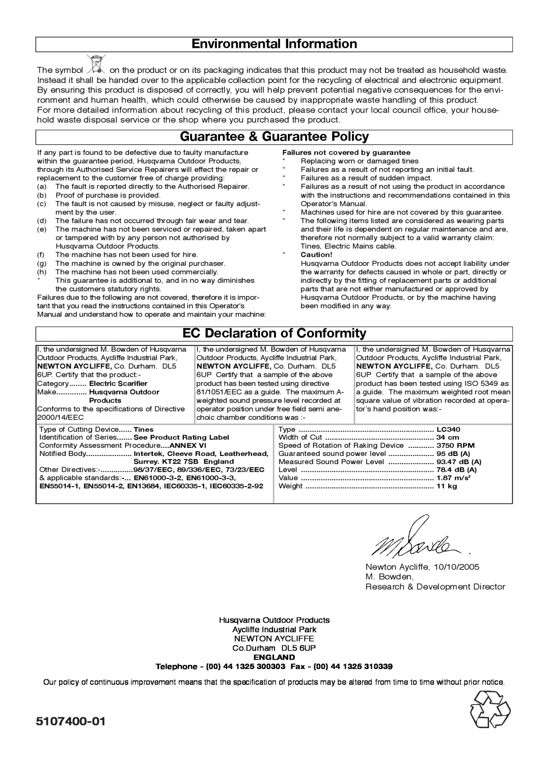 Flymo lawnrake Environmental Information, Guarantee & Guarantee Policy, EC Declaration of Conformity, 5107400-01, England 