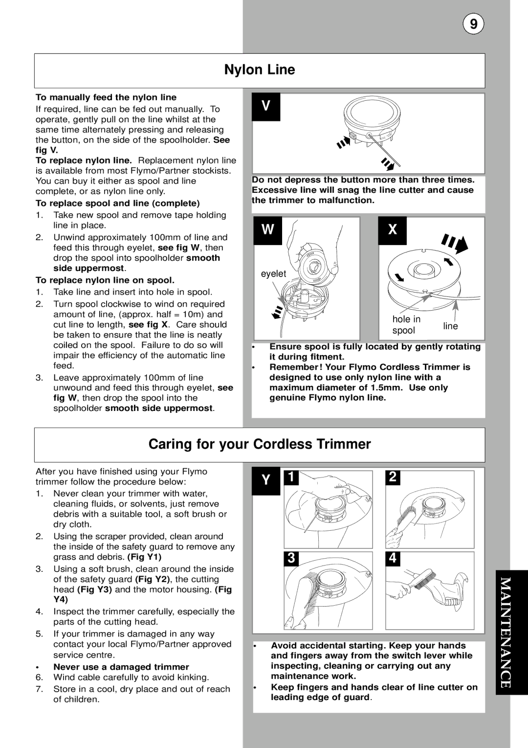 Flymo MCT250 instruction manual Nylon Line, Caring for your Cordless Trimmer, Maintenance 