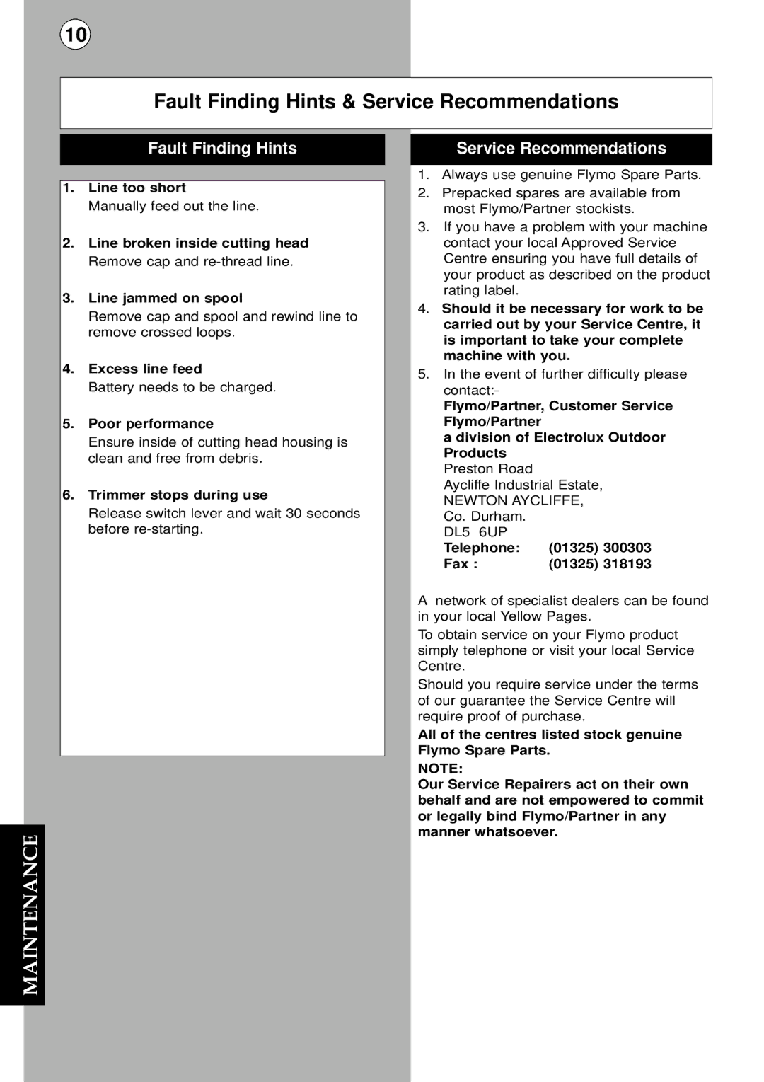 Flymo MCT250 instruction manual Fault Finding Hints & Service Recommendations 