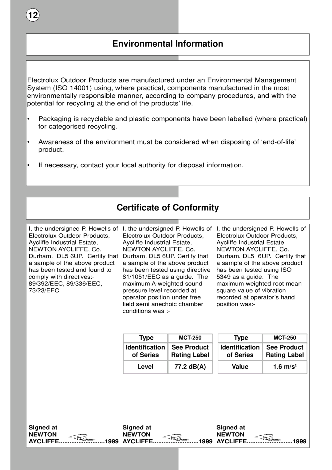 Flymo MCT250 instruction manual Environmental Information, Certificate of Conformity 