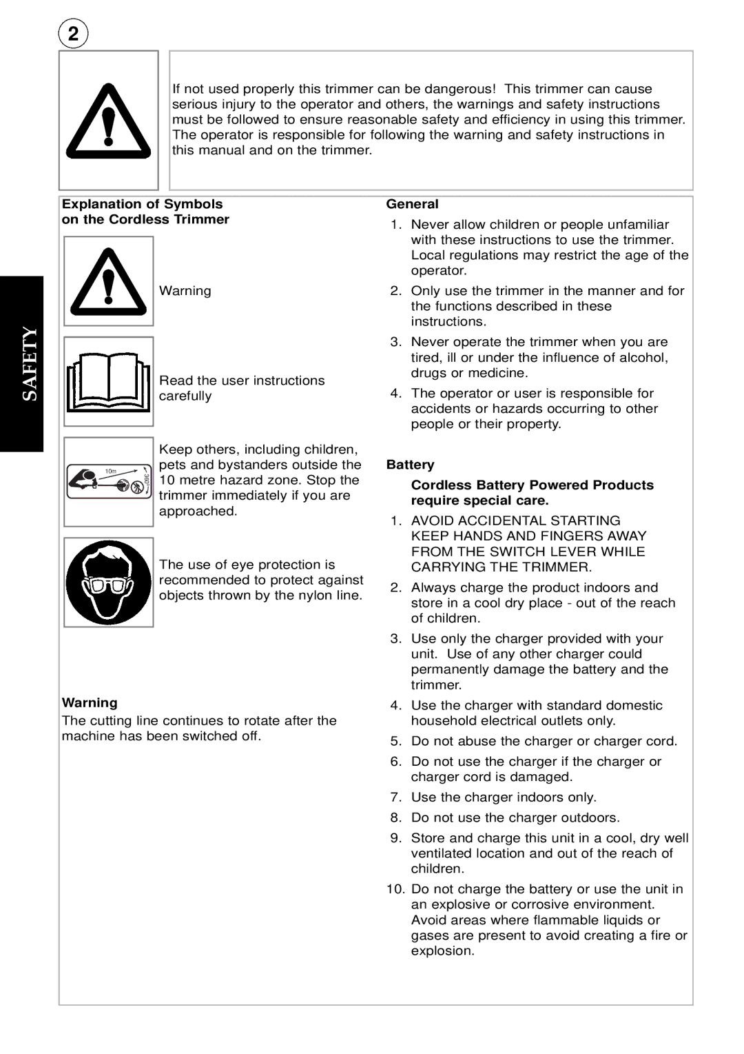 Flymo MCT250 instruction manual Safety, Explanation of Symbols on the Cordless Trimmer, General 