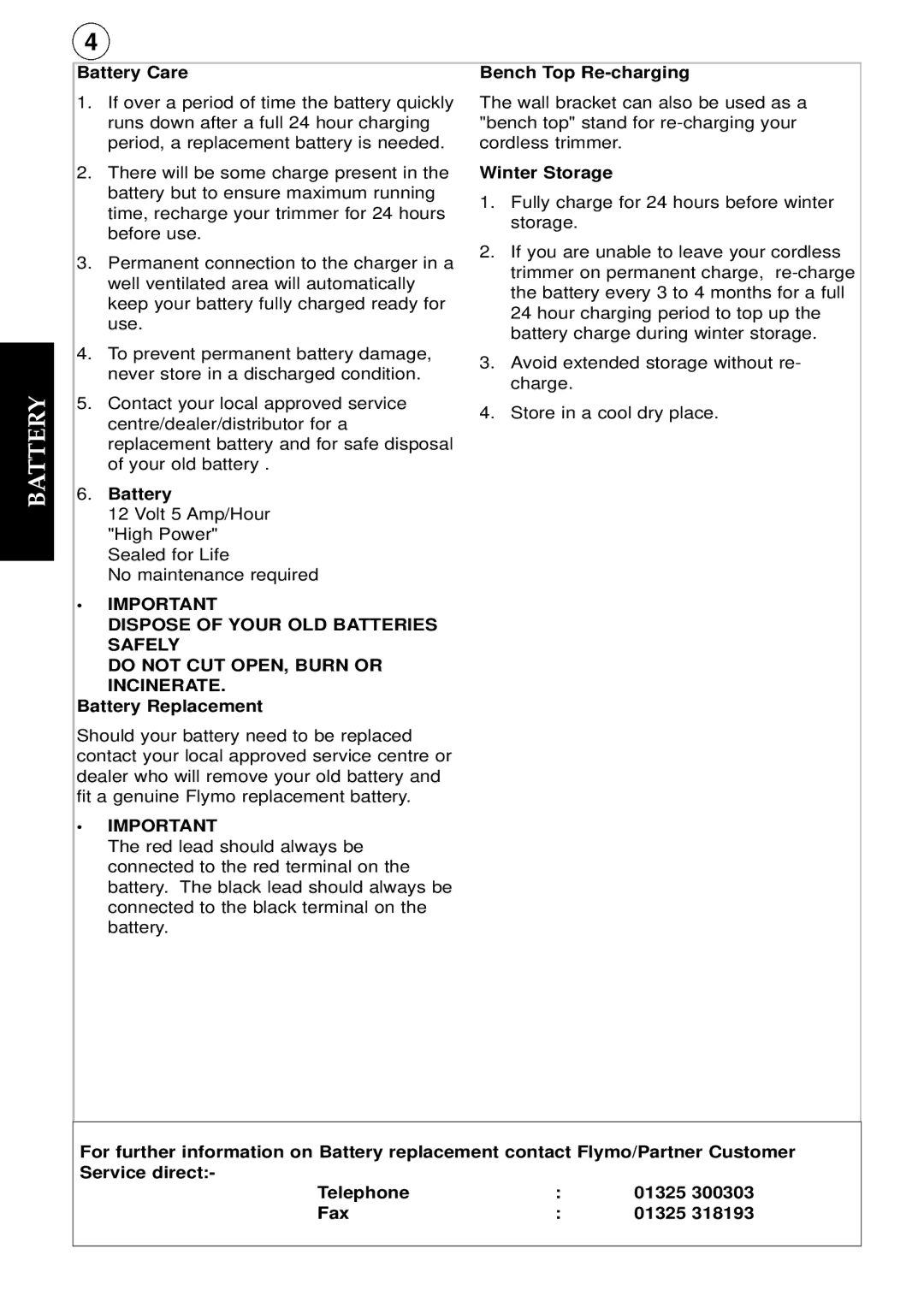 Flymo MCT250 instruction manual Battery Care Bench Top Re-charging, Battery Replacement, Winter Storage 