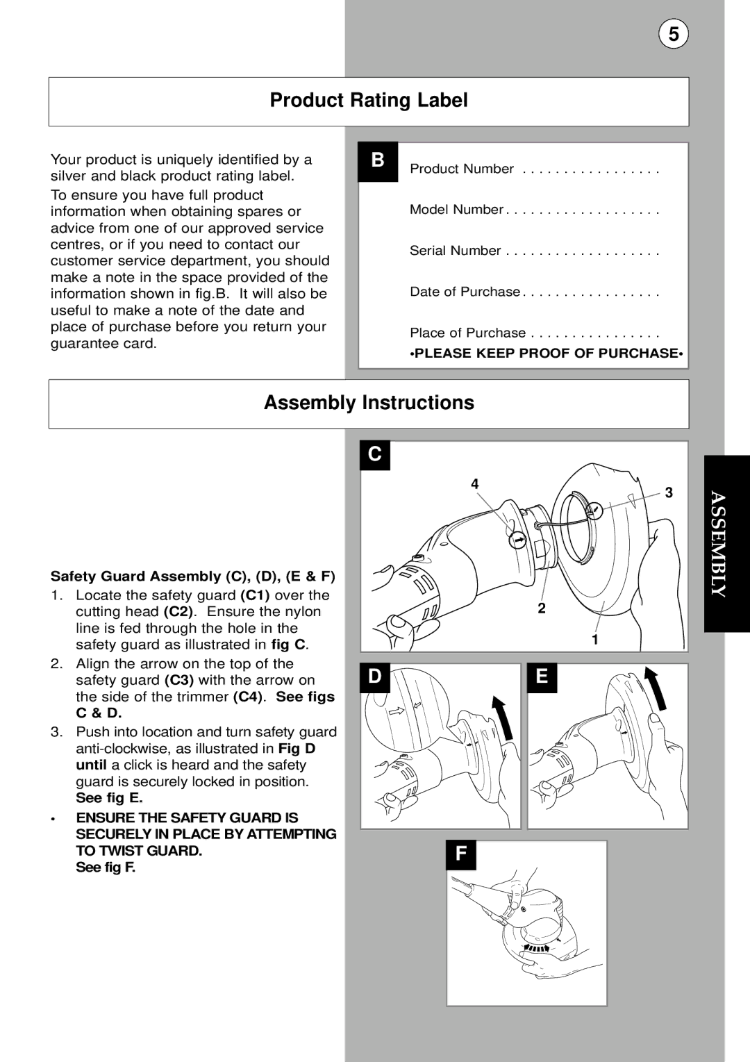 Flymo MCT250 Product Rating Label, Assembly Instructions, Safety Guard Assembly C, D, E & F, See fig E, See fig F 