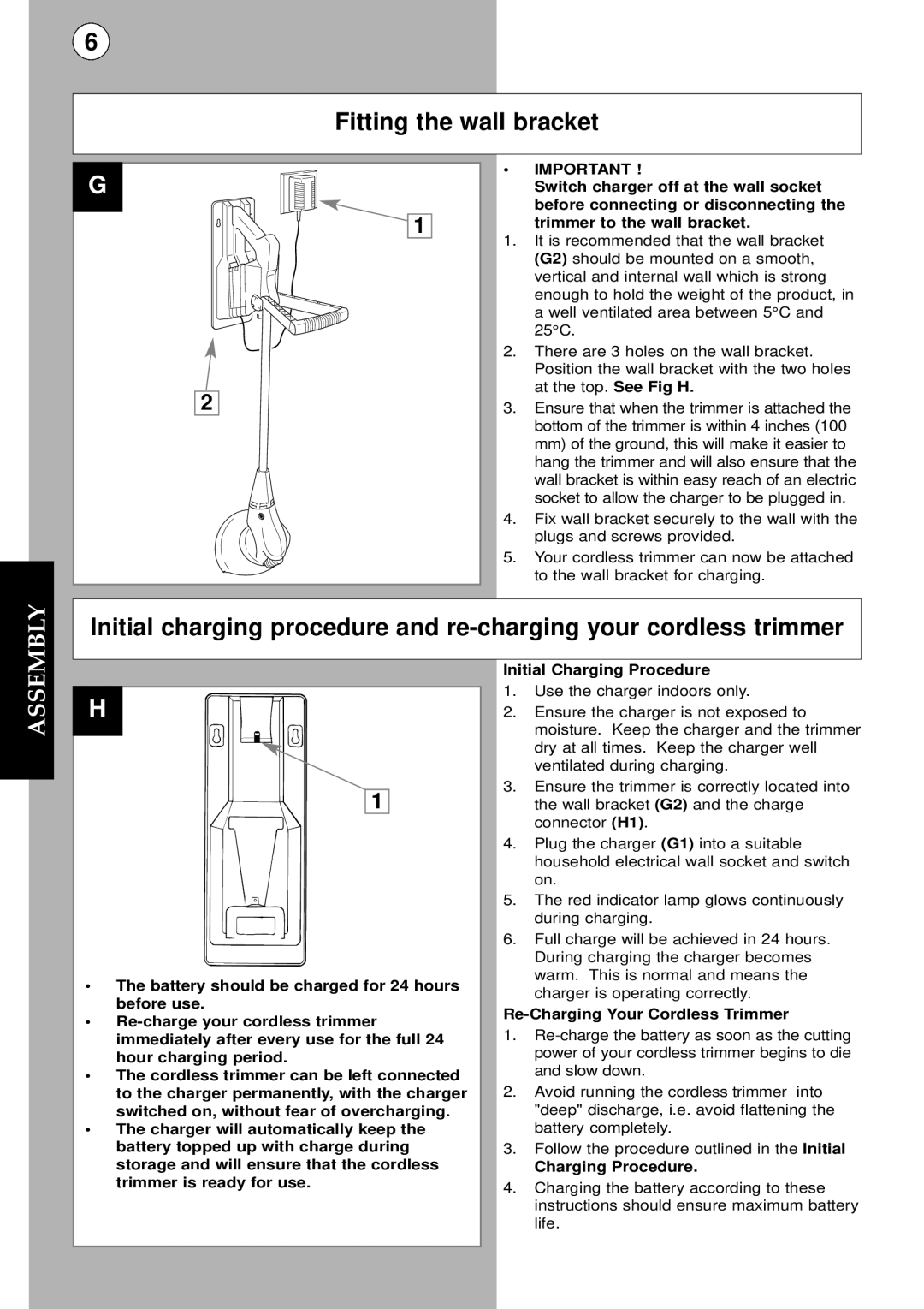 Flymo MCT250 instruction manual Fitting the wall bracket, Re-Charging Your Cordless Trimmer, Charging Procedure 