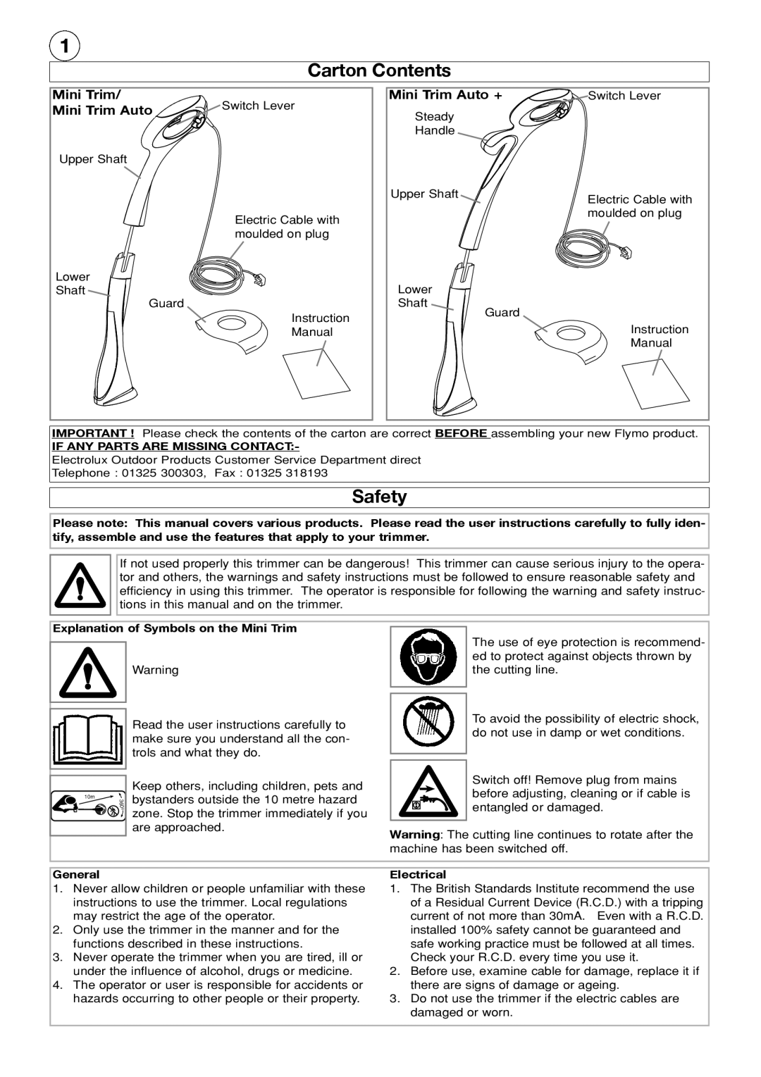 Flymo Mini Trim manual Carton Contents, Safety 