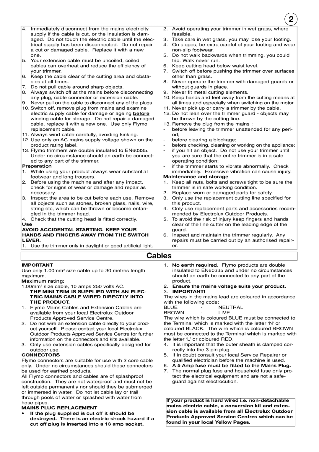 Flymo Mini Trim manual Cables, Connectors, Mains Plug Replacement 