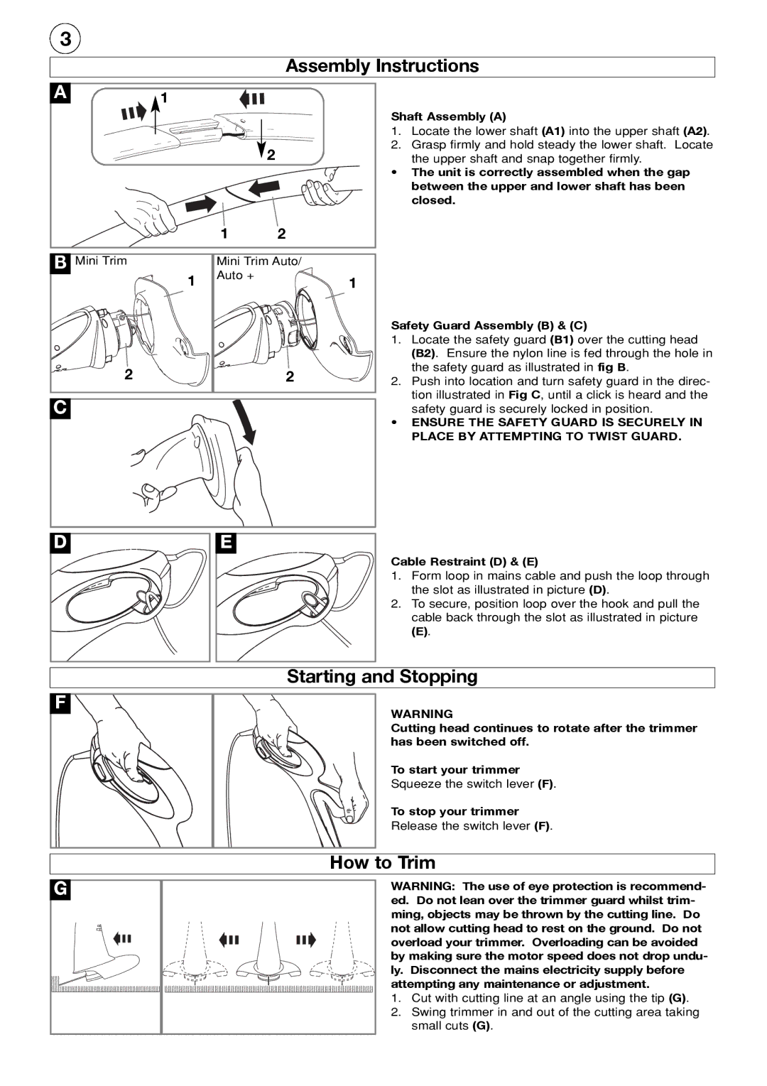 Flymo Mini Trim manual Assembly Instructions, Starting and Stopping, How to Trim, Ensure the Safety Guard is Securely 