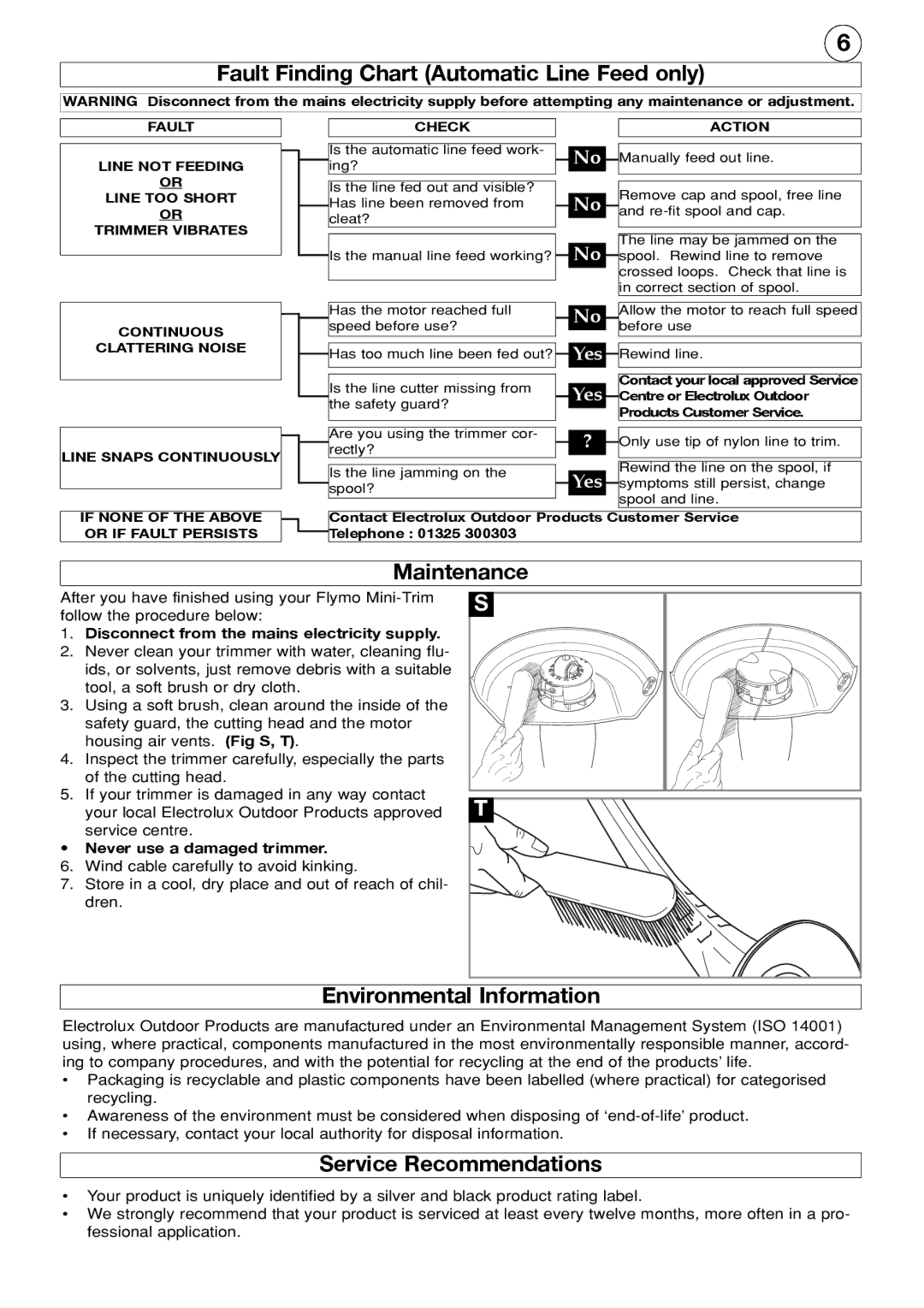 Flymo Mini Trim manual Fault Finding Chart Automatic Line Feed only, Maintenance, Environmental Information 