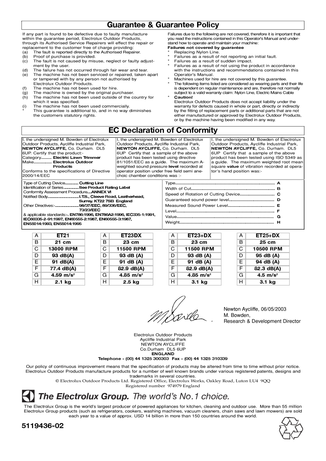 Flymo Mini Trim manual Guarantee & Guarantee Policy, EC Declaration of Conformity, A ET21, A ET23DX, A ET23+DX, A ET25+DX 