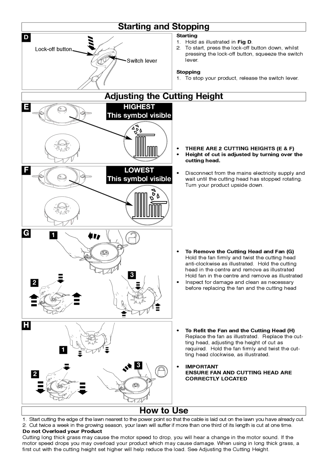 Flymo Minimo manual Starting and Stopping, Adjusting the Cutting Height, How to Use, There are 2 Cutting Heights E & F 