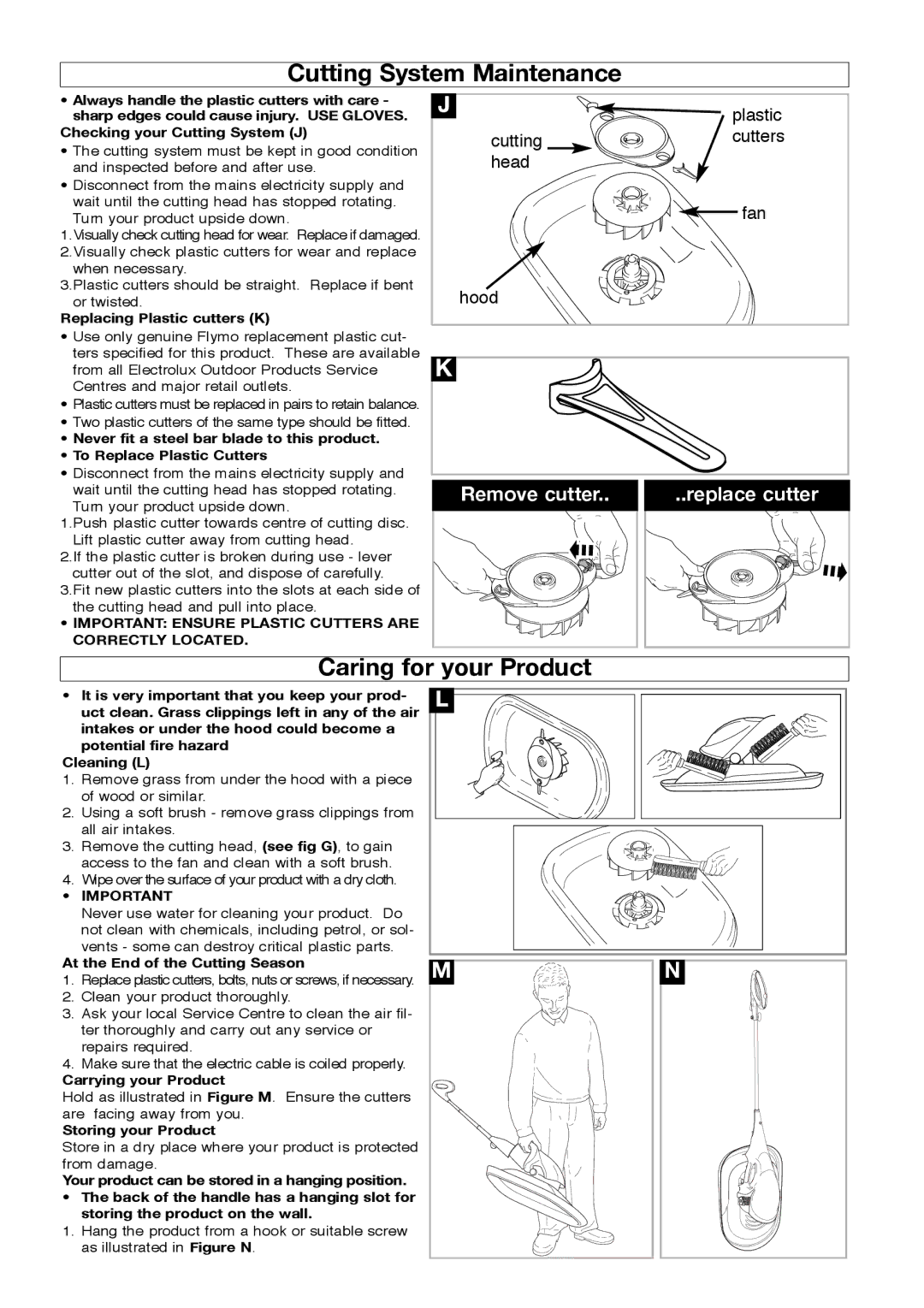 Flymo Minimo Cutting System Maintenance, Caring for your Product, Important Ensure Plastic Cutters are Correctly Located 