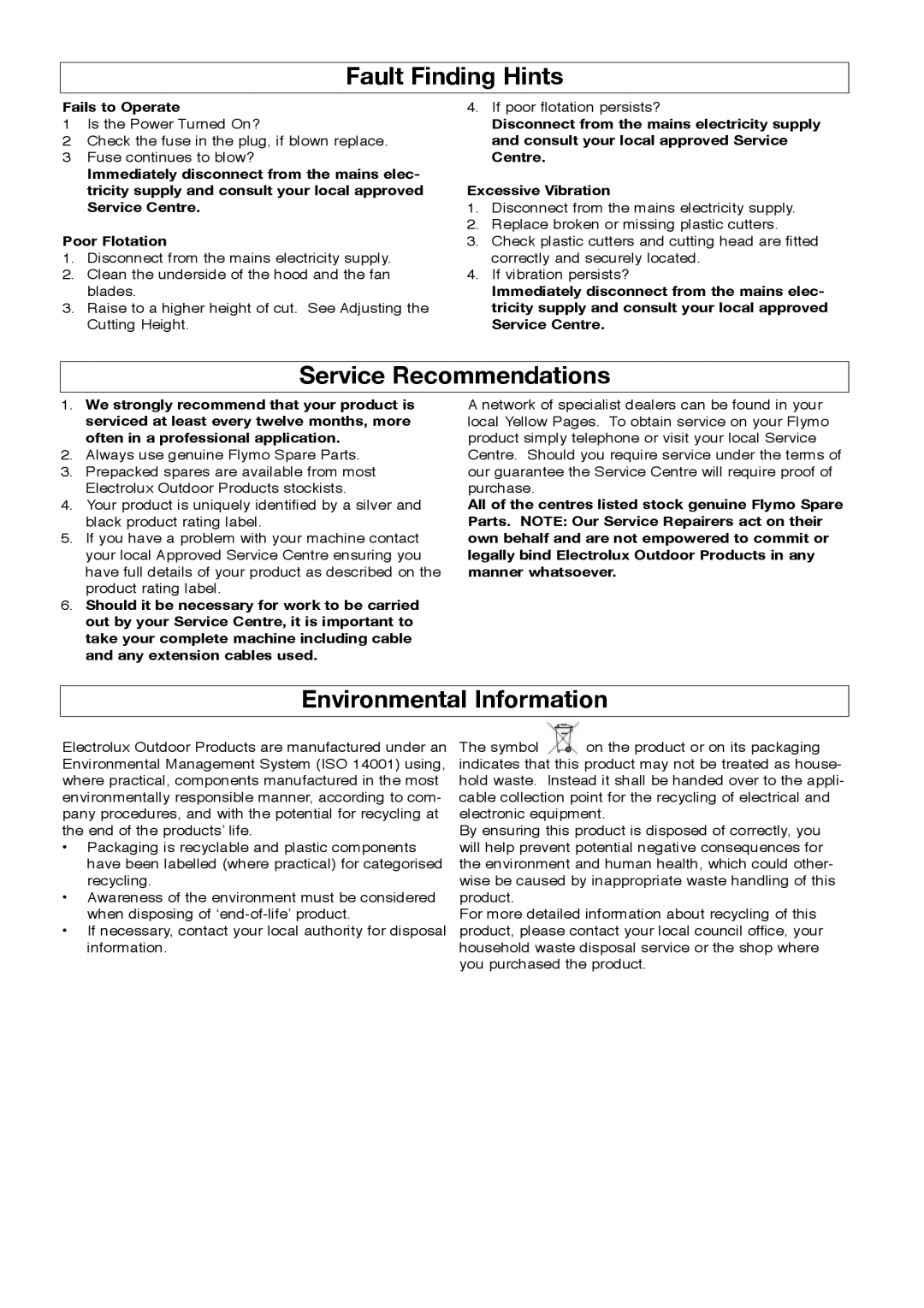 Flymo Minimo manual Fault Finding Hints, Service Recommendations, Environmental Information, Fails to Operate 