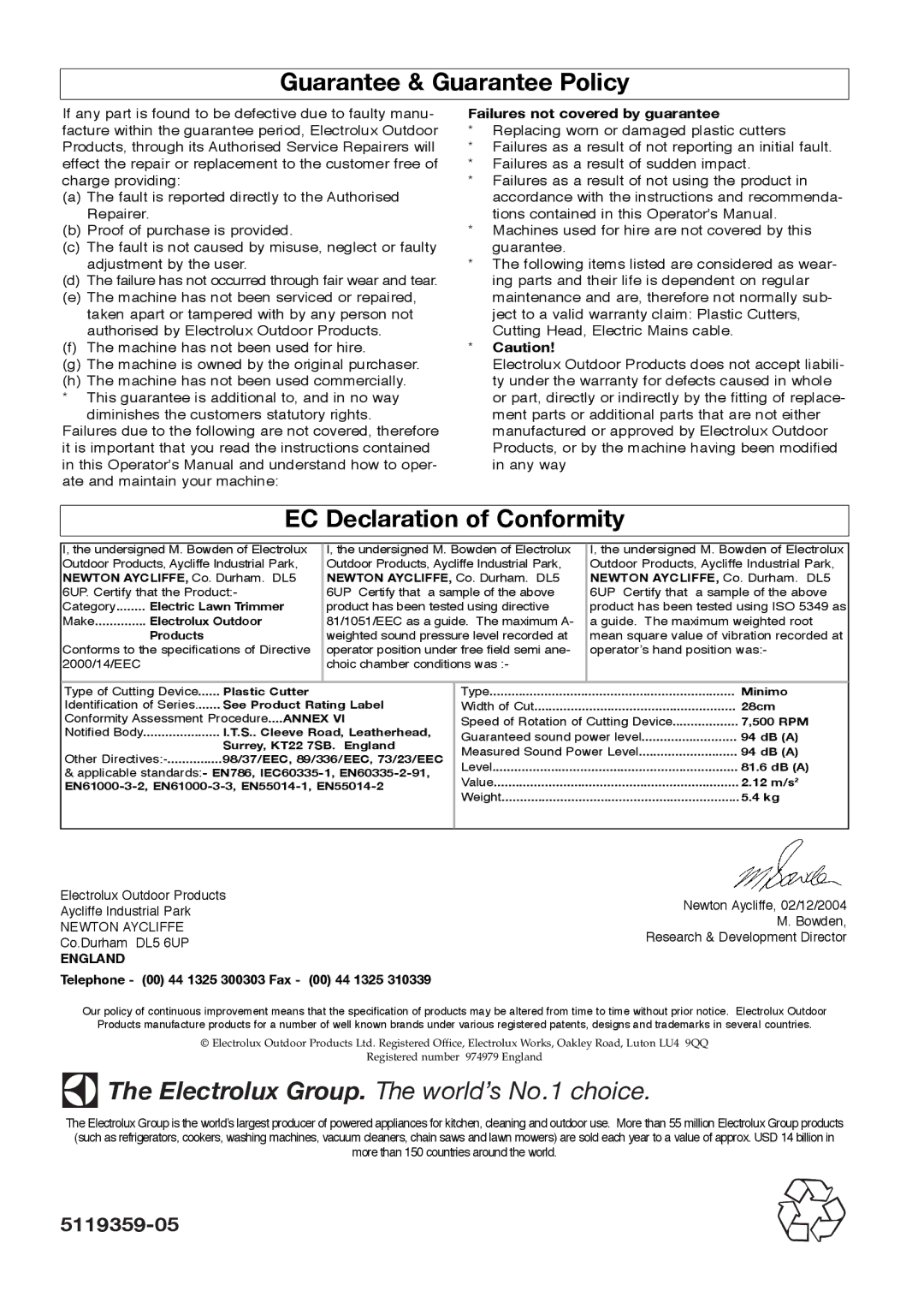 Flymo Minimo manual Guarantee & Guarantee Policy, EC Declaration of Conformity, Failures not covered by guarantee, England 