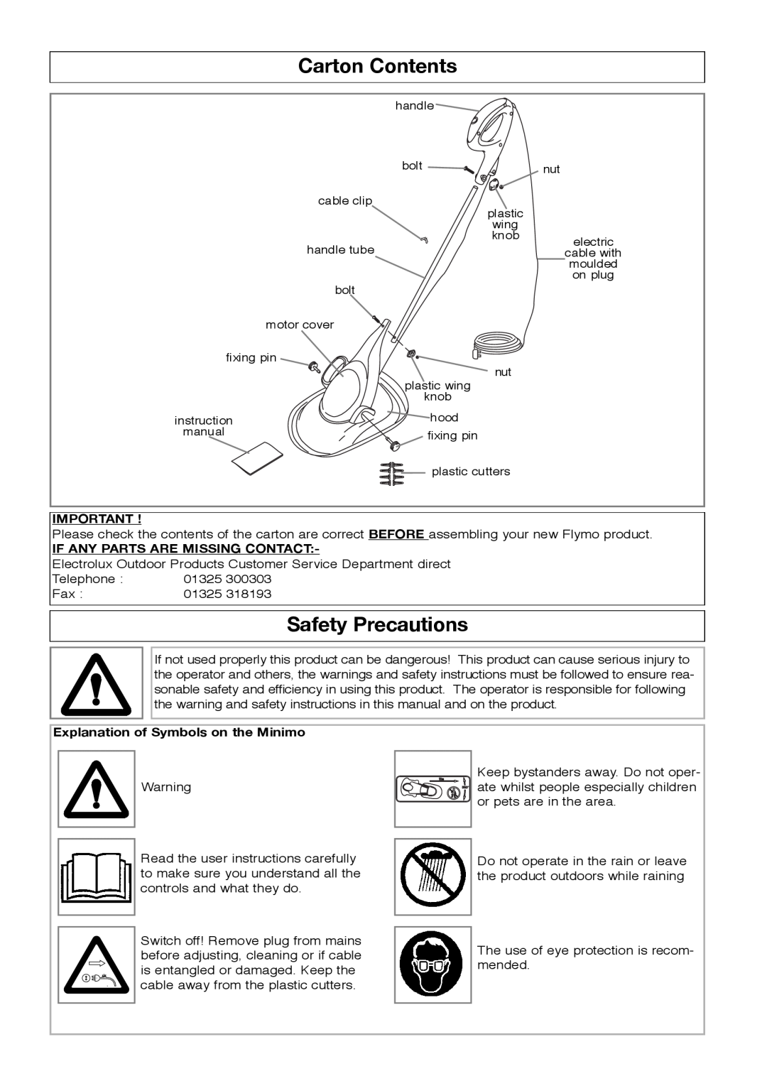Flymo manual Carton Contents, Safety Precautions, If Any Parts Are Missing Contact, Explanation of Symbols on the Minimo 