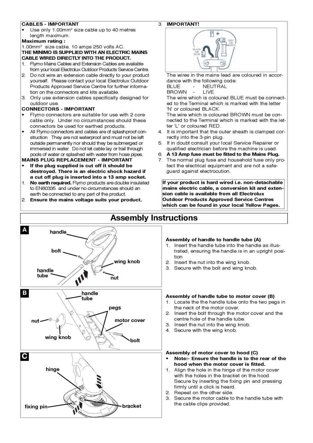 Flymo Minimo manual Assembly Instructions, A handle bolt wing knob, tube, hinge, fixing pin, bracket 