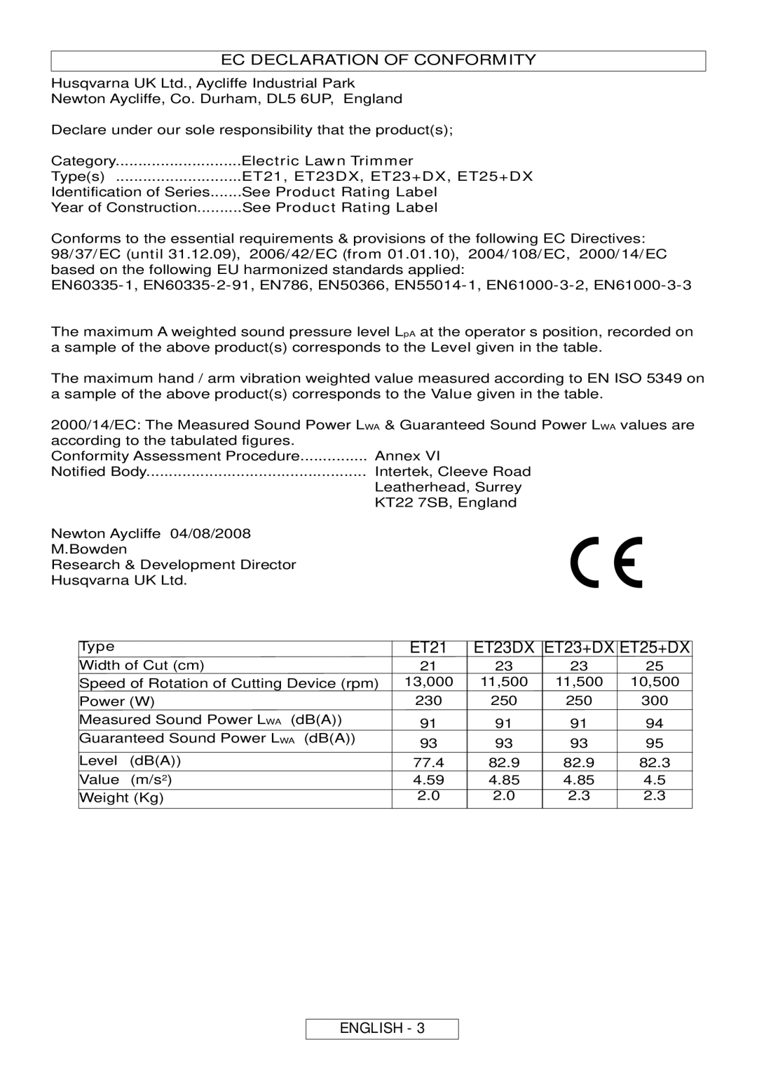 Flymo MT25, MT21 manual ET23DX ET23+DX ET25+DX, EC Declaration of Conformity 