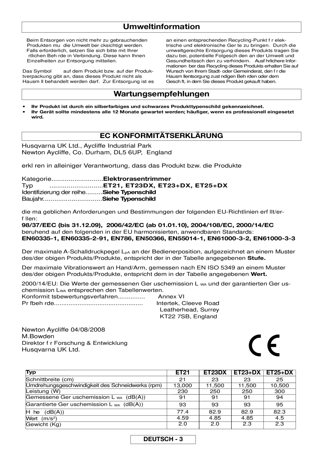 Flymo MT21, MT25 manual Umweltinformation, Wartungsempfehlungen, EC Konformitätserklärung, ET21, ET23DX ET23+DX ET25+DX 