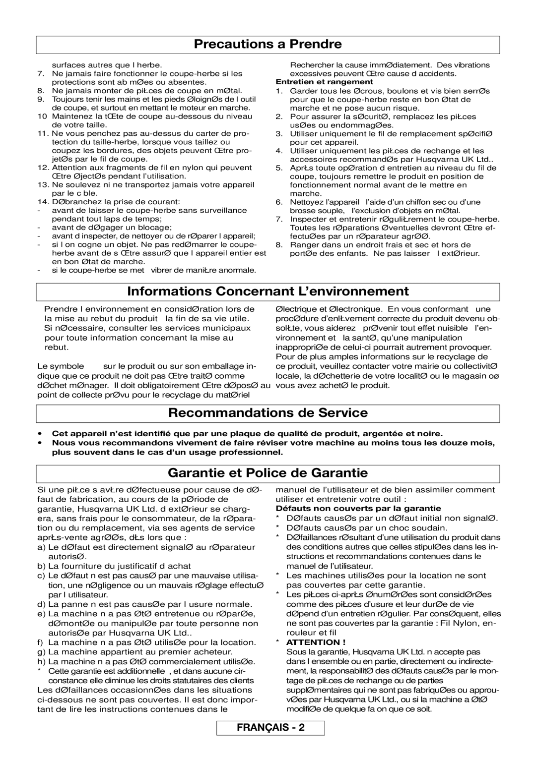 Flymo MT21, MT25 manual Informations Concernant L’environnement, Recommandations de Service, Garantie et Police de Garantie 