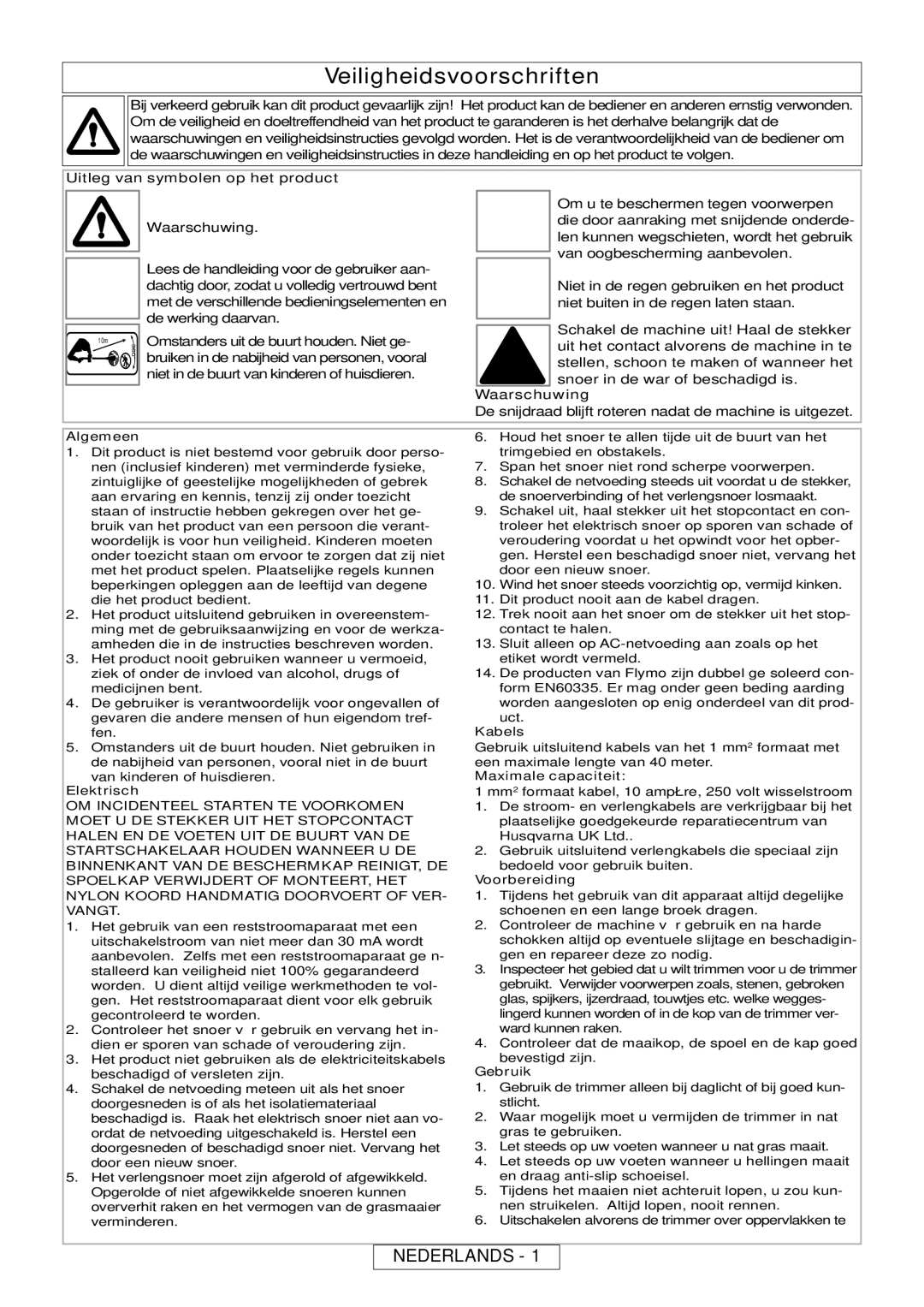 Flymo MT21, MT25 manual Veiligheidsvoorschriften, Nederlands, Uitleg van symbolen op het product, Waarschuwing 