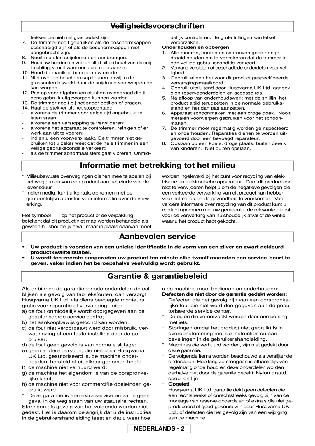 Flymo MT25, MT21 manual Informatie met betrekking tot het milieu, Aanbevolen service, Garantie & garantiebeleid, Opgelet 