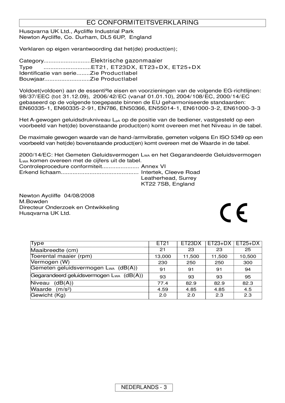 Flymo MT21, MT25 manual EC Conformiteitsverklaring, Elektrische gazonmaaier 