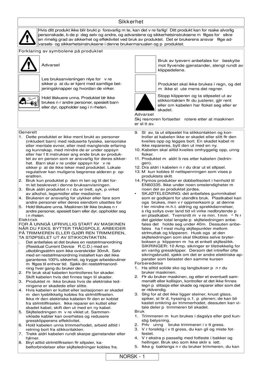 Flymo MT25, MT21 manual Sikkerhet, Norsk 