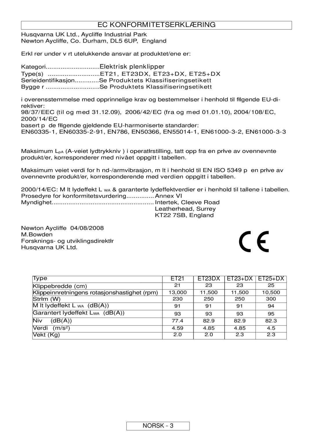 Flymo MT25, MT21 manual EC Konformitetserklæring, Elektrisk plenklipper 