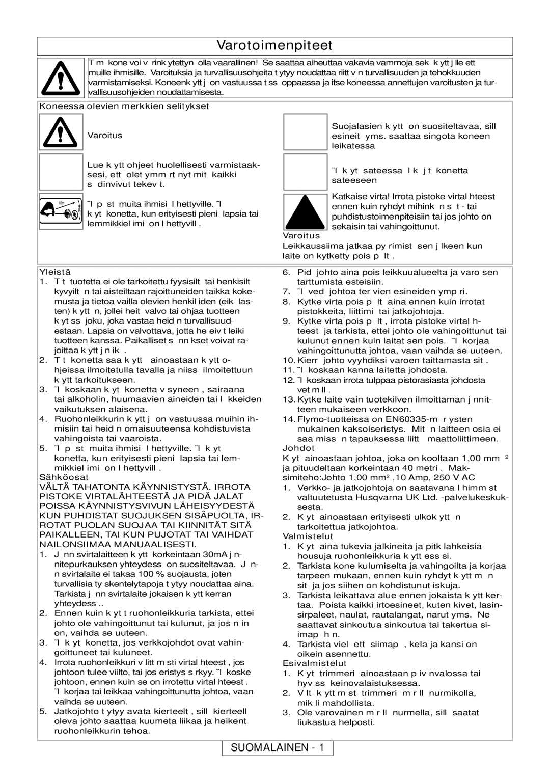 Flymo MT21, MT25 manual Varotoimenpiteet, Suomalainen 