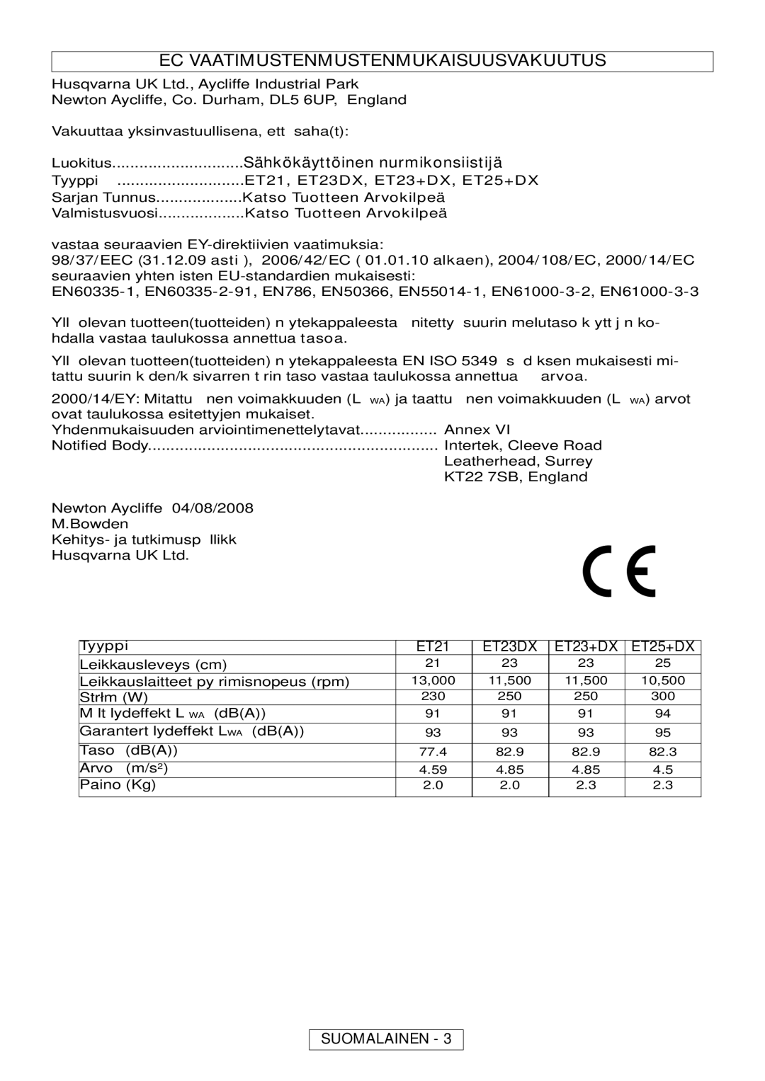 Flymo MT21, MT25 manual EC Vaatimustenmustenmukaisuusvakuutus, Sähkökäyttöinen nurmikonsiistijä 