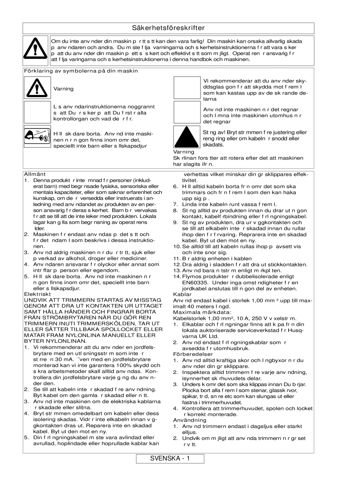 Flymo MT25, MT21 manual Säkerhetsföreskrifter, Svenska 