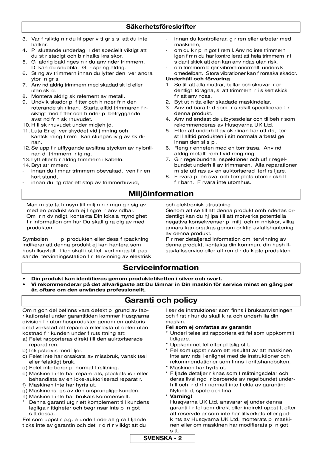 Flymo MT21, MT25 manual Miljöinformation, Serviceinformation, Garanti och policy, Underhåll och förvaring 