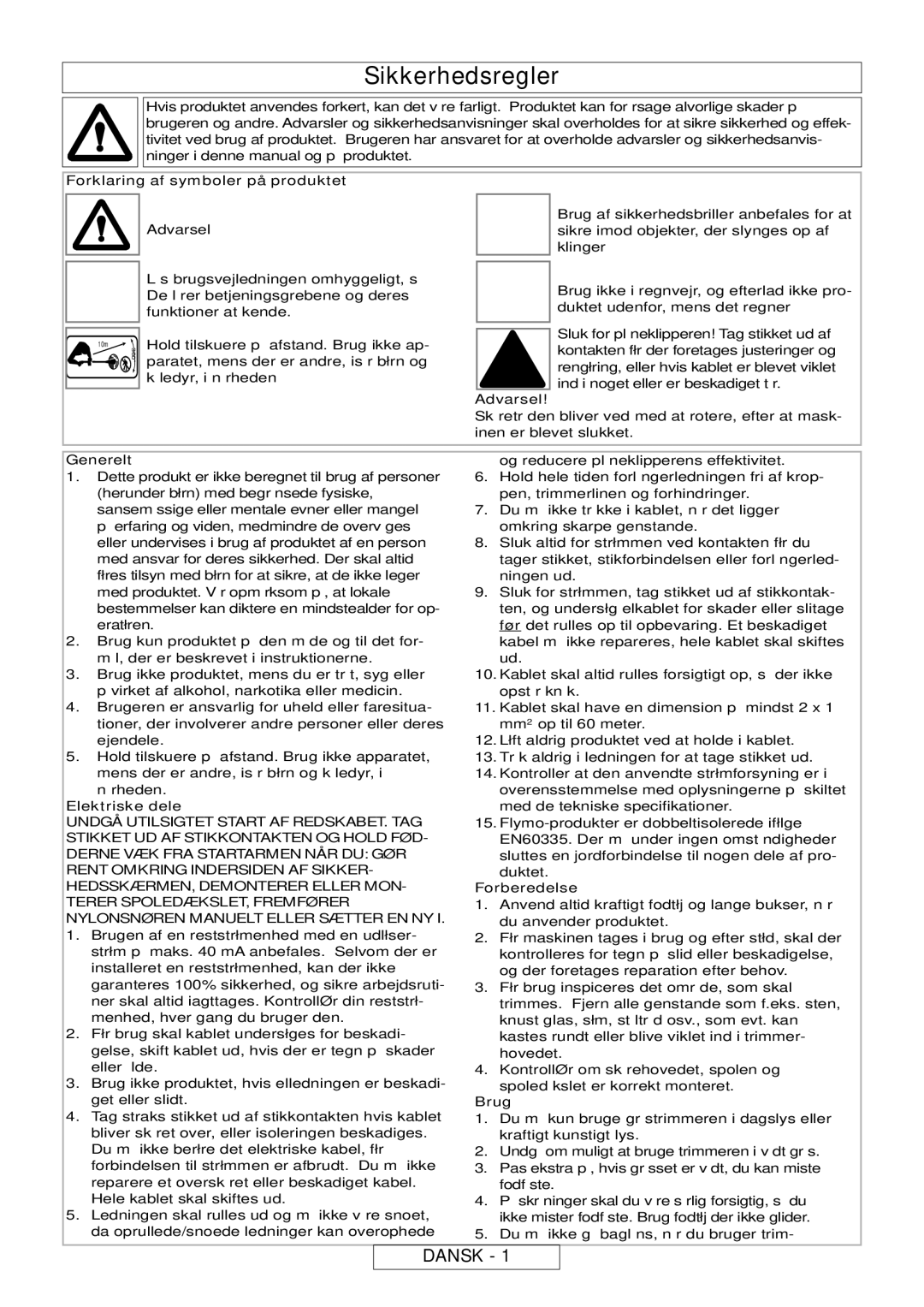 Flymo MT21, MT25 manual Sikkerhedsregler, Dansk 